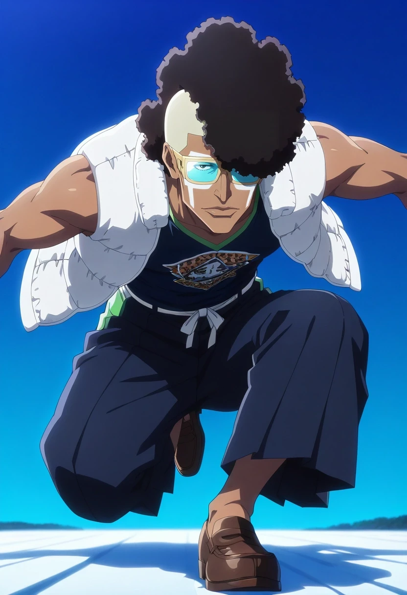 masterpiece, best quality, intricate details, anime screencap, anime coloring, official style, looking at viewer, , 1boy, solo, male focus, <lora:ouetsu_nimaiya_ilxl:0.94>, ouetsu_nimaiya, black hair, sunglasses, tinted eyewear, opaque glasses, afro, , vest, sleeveless, , , Pleated trousers, Leopard print Jersey Bomber jacket, Penny loafers, Ski mask, Face Paint