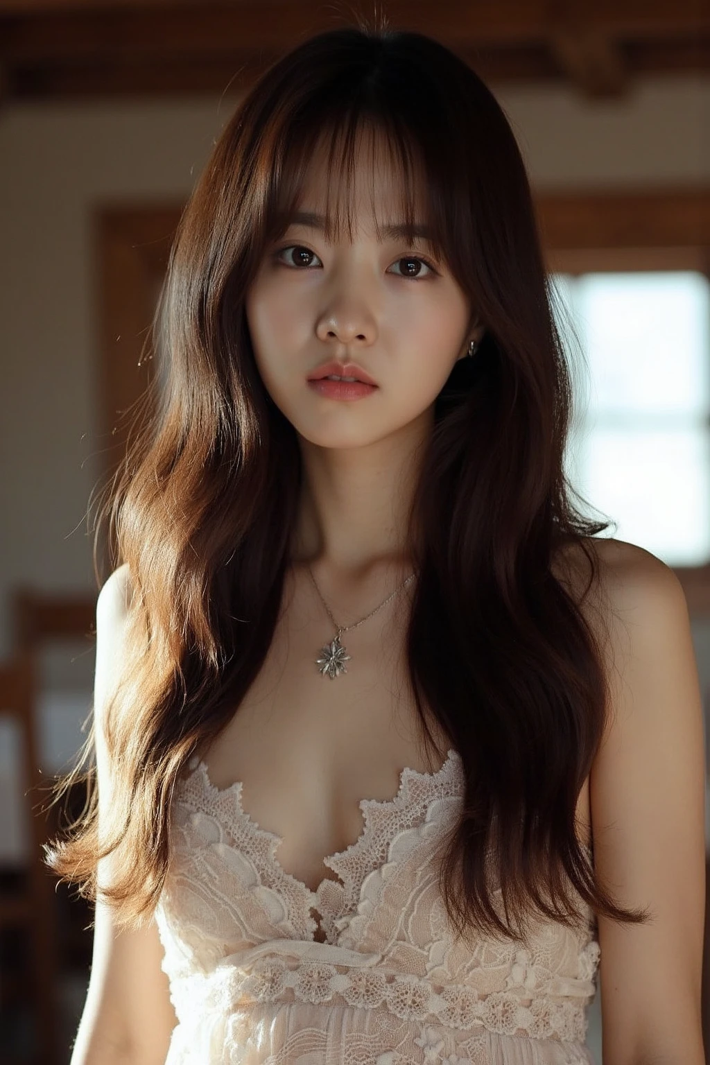 bright photo of beautiful korean girl with long wavy hair wearing bohemian dress, inside a rustic house, necklace, dslr, studio lighting, high quality,  light reflections, blood vessels, pale skin, detailed skin, <lora:flux_realism_lora:1>,<lora:makinaflux_parkboyoung_v1.0:1>