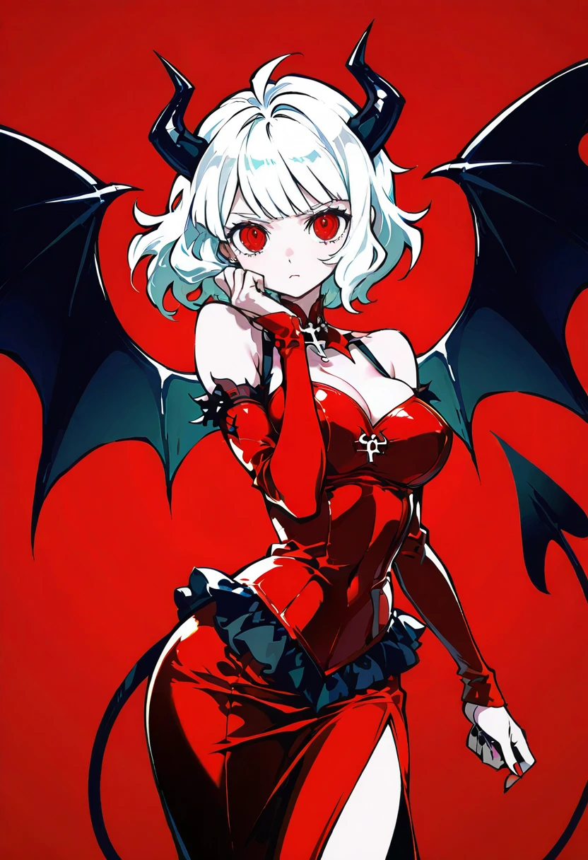 1girl,solo,looking at viewer,ikeda ruriko,demon dress, demon wings,detached sleeves, red dress, modeus_(helltaker)