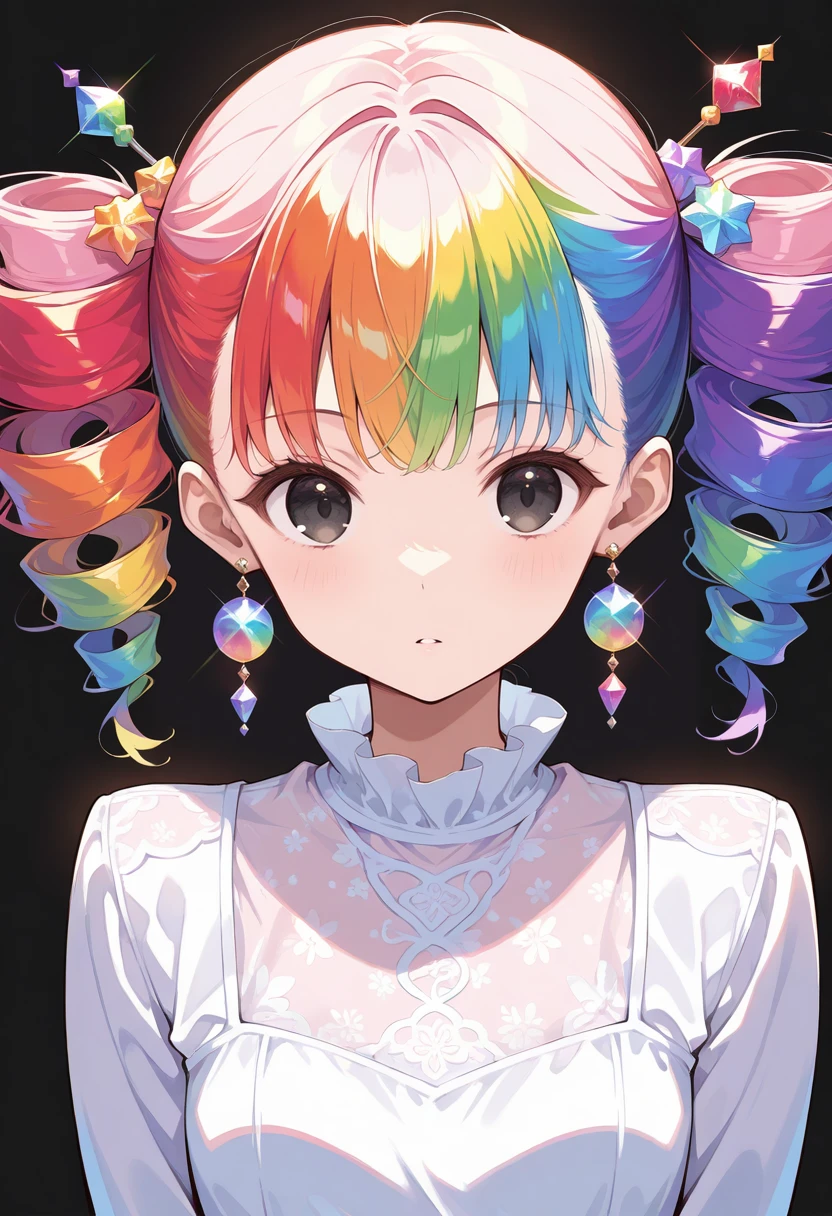 masterpiece, best quality, perfect anatomy, very aesthetic, ((outlined outlined vector graphics)),no norm,close up, front view, , cute face, (glow eyes:0.8), looking at viewer, glittering, glimmering, pink theme, 1girl,20yo, rainbow hair, black eyes, log hair, hair pin,small breast, slender , jewelry, earrings, parted lips,, long sleeve,black , action pose , expressionless <lora:rainbow-hair-il-01:1>