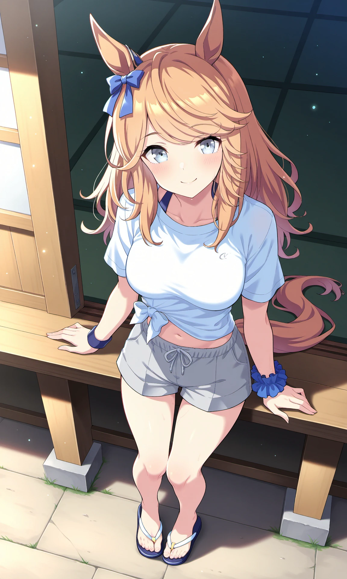 GCgazeOnMe,horse girl,white tied shirt,blue ear ornament,short sleeves,grey shorts,single wrist scrunchie,flip-flops,
light particles,smile,summer,
masterpiece,best quality,highres,absurdres,1girl,solo,umamusume,game cg,<lora:GoldCityILExtraV1:0.9>,