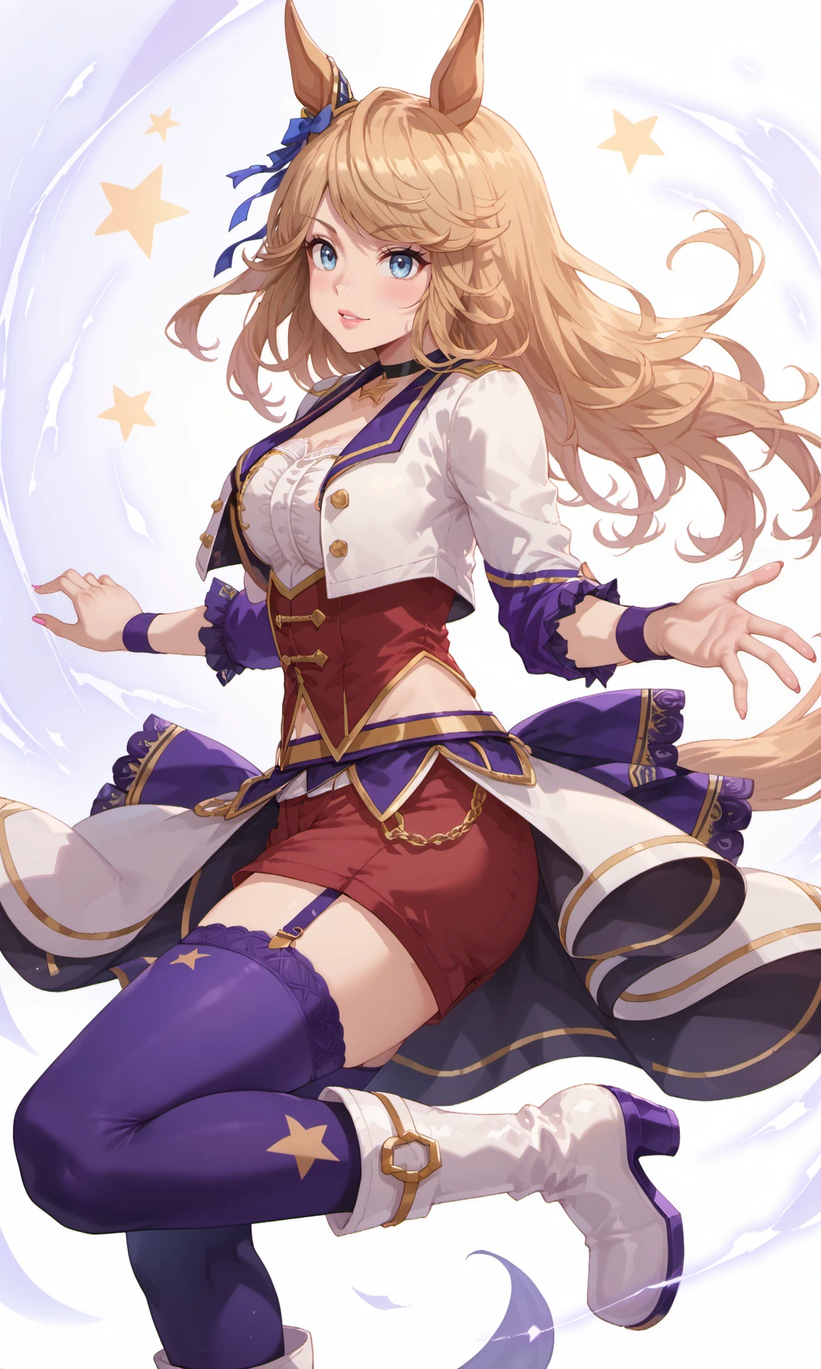 GCstartingFuture,horse girl,blue ear ornament,purple choker,garter straps,white cropped jacket,red shorts,purple star thighhighs,white high heel boots,purple wristband,
score_9,score_8_up,score_7_up,game_cg,anime,source_anime,masterpiece,best quality,highres,absurdres,solo,umamusume,game cg,dynamic pose,
<lora:GoldCityPonyExtraV1:0.88>,