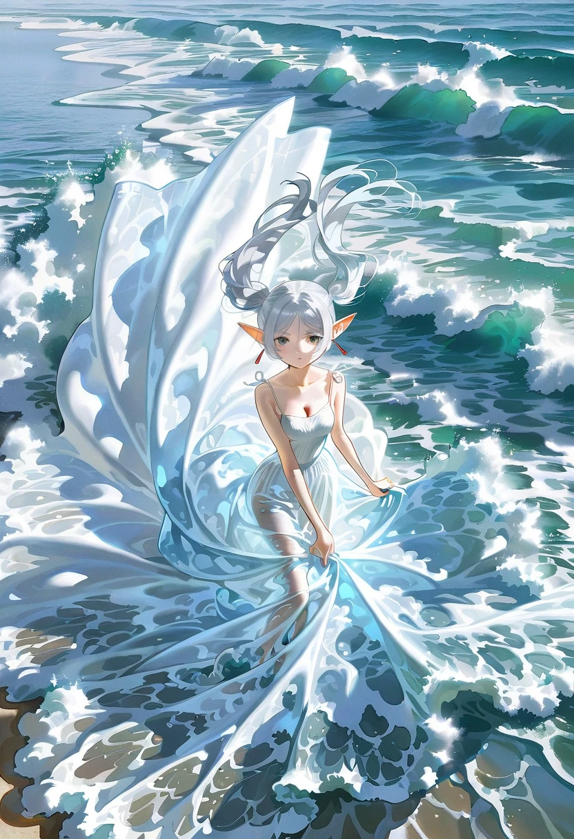 1girl,solo,looking at viewer,ikeda ruriko, water dress, waves, white dress, water, long dress, ocean, frieren