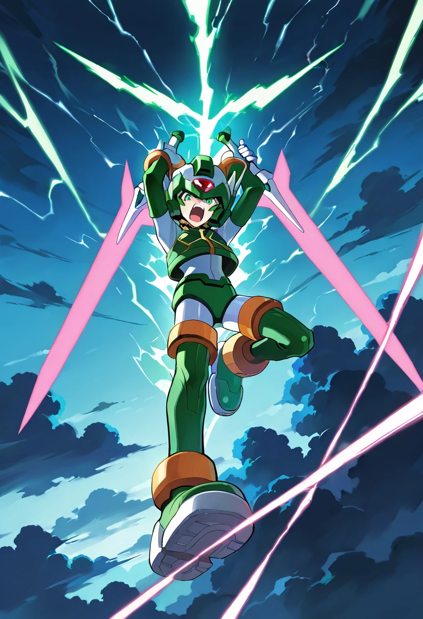 source anime,highly detailed,score 9,score 8 up,score 7 up, <lora:Sage_Harpuia:1> harpuia, solo, 1boy, midair, flying, sky, clouds, thunder, thunderbolt, thunder clouds, night, helmet, forehead jewel, green eyes, facial mark, crop top, white gloves, sword, energy sword, dual wielding, arms up, angry, shouting, full body, thigh boots, green footwear,