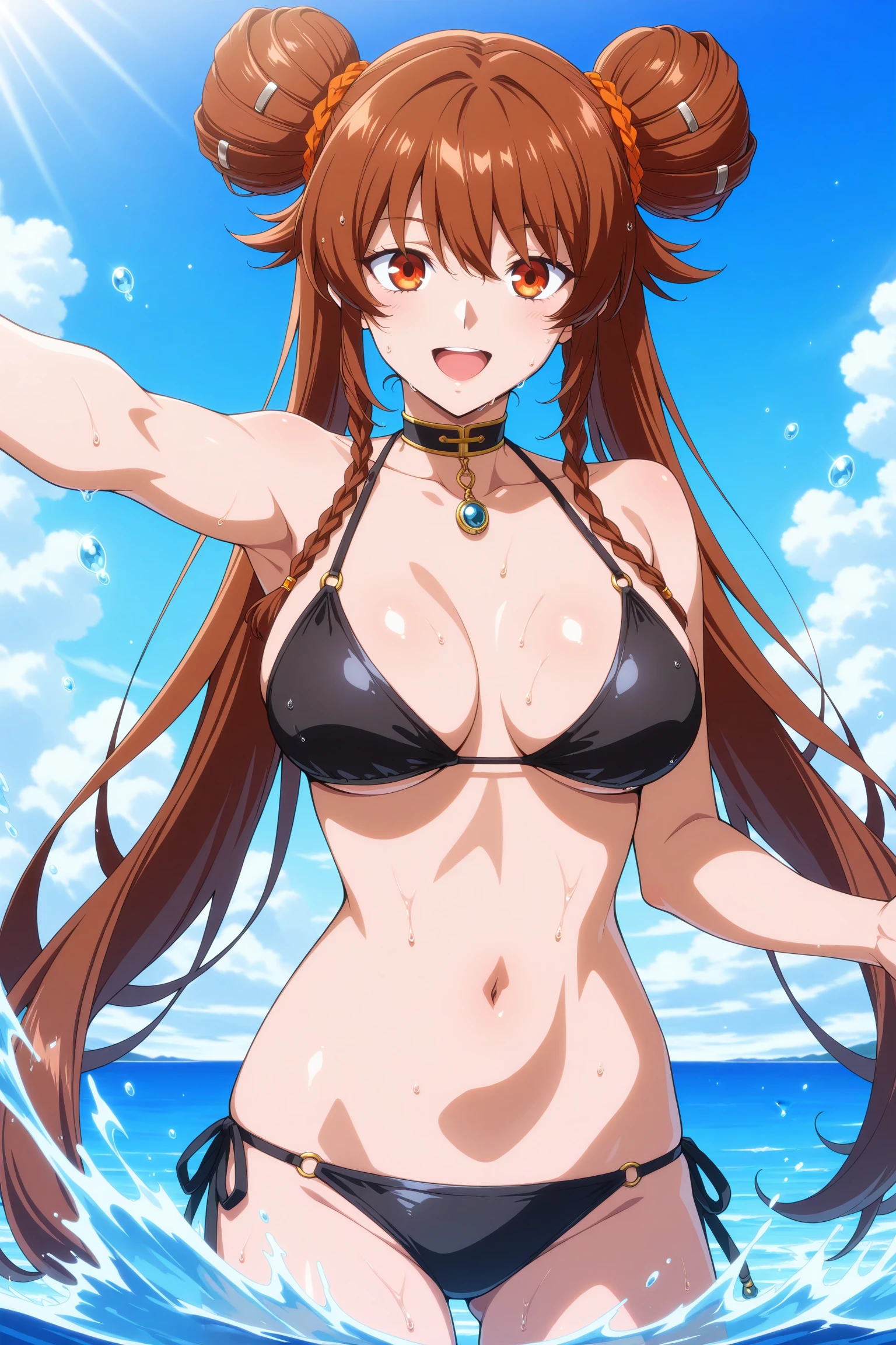 masterpiece, best quality, amazing quality, highres, absurdres, very aesthetic, high resolution, ultra detailed, perfect details, 1girl, solo, outdoors, ocean, blue sky, sunlight, medium breasts, nen master, very long hair, brown hair, double bun, twintails, orange hair tie, sidelocks, twin braids, orange eyes, jewelry, black bikini, <lora:Nen_Master_ILXL:0.8>, (aged up:1.8), (cowboy shot:1.1), looking at viewer, smile, (anime coloring:1.5), (anime screencap:1.5), open mouth, wet, (pose:1.2), afloat, (splashing:1.3), (water drop:1.3)