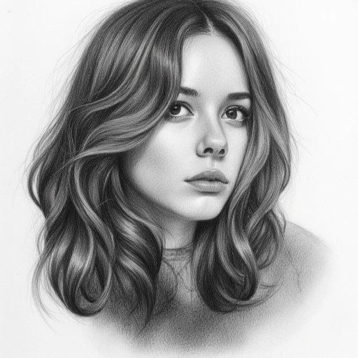 linea, A close-up portrait of a young woman with flowing hair, drawn in a highly detailed pencil sketch style. Her eyes are expressive, gazing thoughtfully to the side. The shading captures soft light falling across her face, with intricate cross-hatching for texture. Strands of hair are individually detailed, with natural flow and slight imperfections to mimic hand-drawn art. Grayscale shading emphasizes depth and highlights the natural beauty of pencil work