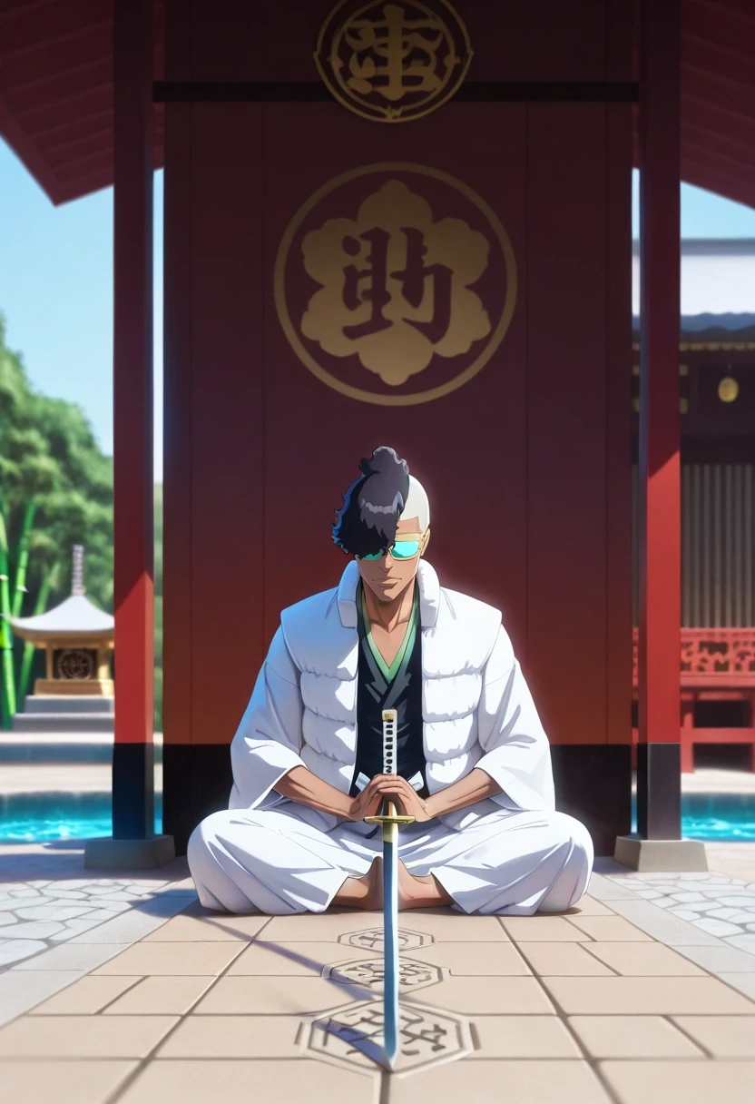 masterpiece, best quality, intricate details, (3d:0.4), , depth of field, 1boy, solo, male focus, <lora:ouetsu_nimaiya_ilxl:0.9>, ouetsu_nimaiya, black hair, sunglasses, tinted eyewear, opaque glasses, , , , sword, bamboo temple, stone paths, water gardens, prayer halls, meditation pose, serene expression, morning mist,