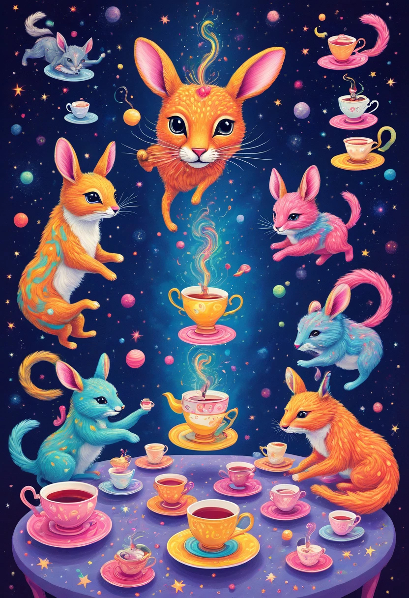 PsychadelicPopSurrealism, A cosmic tea party where anthropomorphic animals with spiraling, multicolored fur sip from levitating teacups, while the table morphs into an infinity loop, set against a swirling galaxy background.