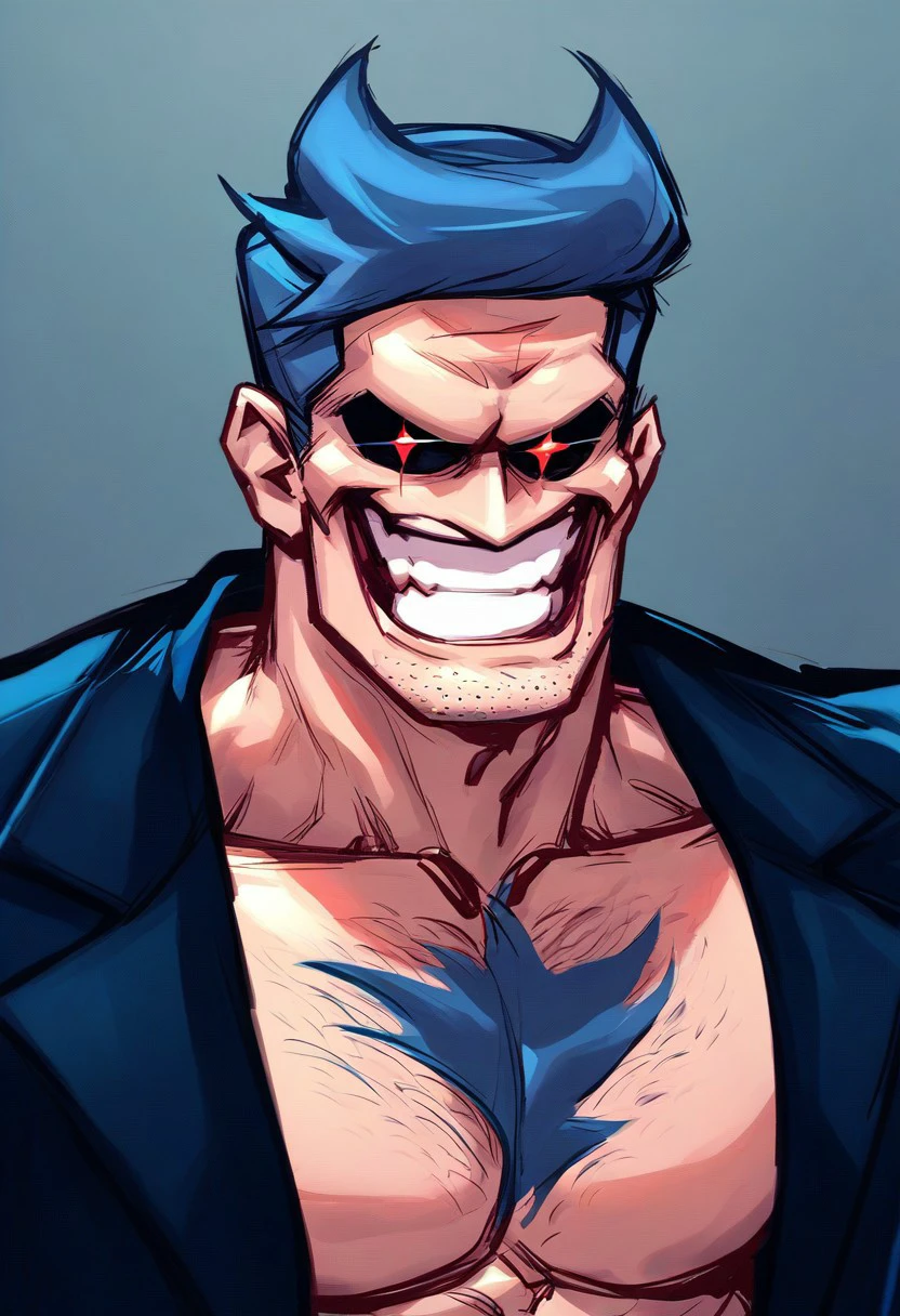 score_9, score_8_up, score_7_up, source_anime, best quality, masterpiece, portrait, face focus, muscular, huge pecs, solo, male, d@ddy_dearest, grin, open jacket, black eyes with red pupils,