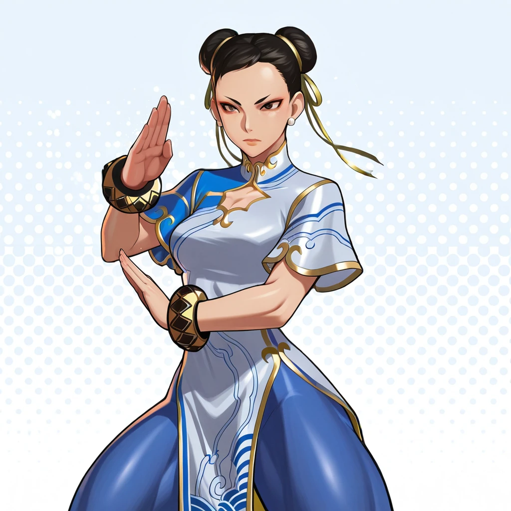 masterpiece, best quality, Chun-li_SF6, 1girl, solo, black hair, double bun, brown eyes, china dress, bracelet, blue pantyhose, cowboy shot, fighting stance,  <lora:Chun-li_SF6_illustrious_Leaf1:1>, light particles, polka dot background,