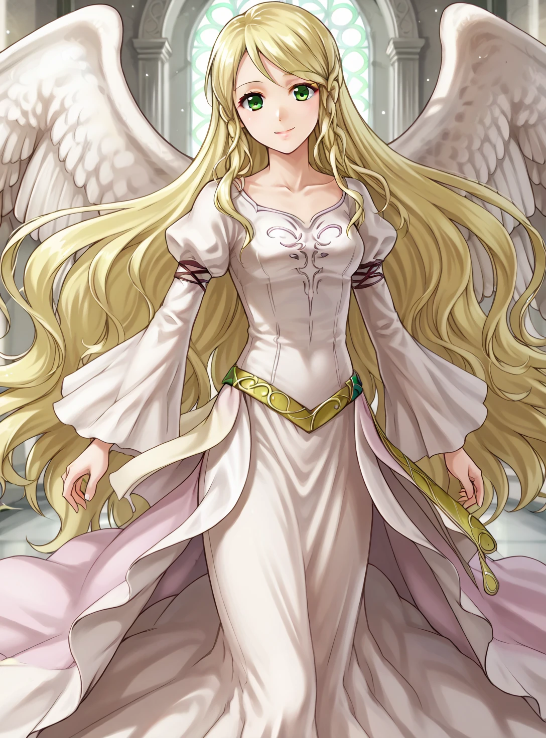 score_anime,1girl, solo,
Leanne,  long hair, wings,white dress,
indoors, looking at viewer, standing, cowboy shot,smile, <lora:Leanne_pony_0.1:0.85>