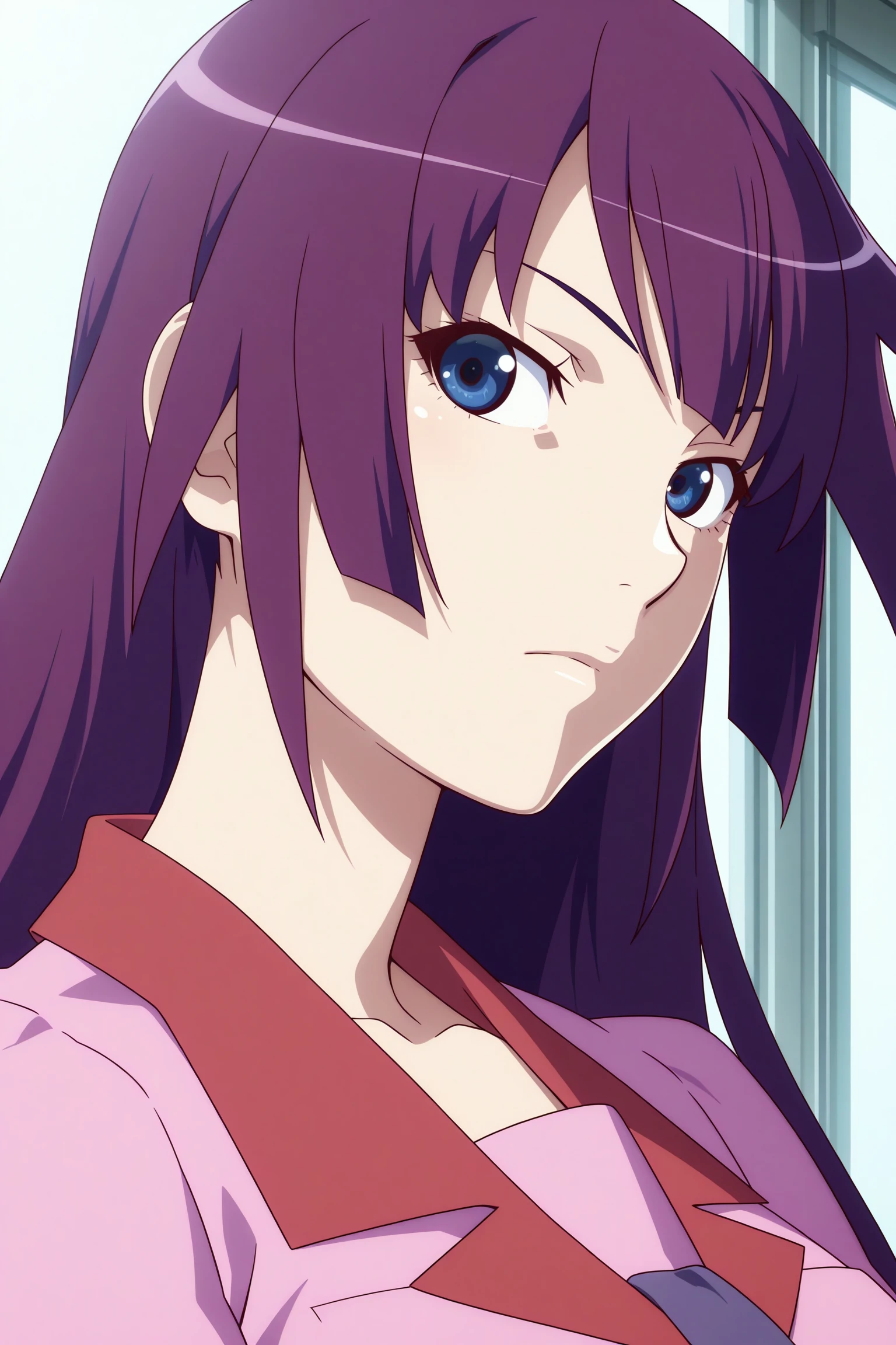 masterpiece, best quality, amazing quality, highres, absurdres, very aesthetic, high resolution, ultra detailed, perfect details, 1girl, solo, indoors, medium breasts, hitagi senjougahara, long hair, hime cut, purple hair, blue eyes, long sleeves, puffy sleeves, pink shirt, untucked shirt, breast pocket, purple tie, purple skirt, pleated skirt, black thighhighs, zettai ryouiki, loafers, <lora:Hitagi_Senjougahara_ILXL:0.8>, (aged up:1.2), (portrait:1.8), looking at viewer, expressionless, dim lighting, anime coloring, anime screencap, from side