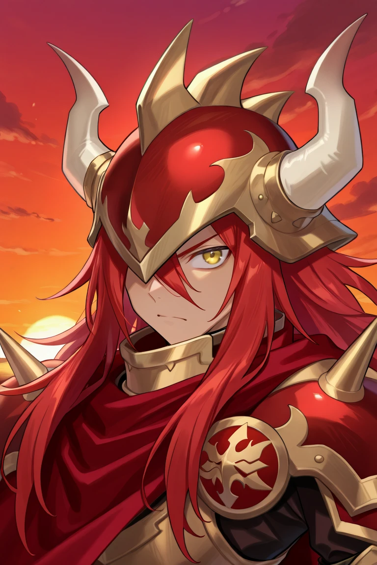 <lora:GulcasaIL:0.8> , guldef, (1boy), red hair, long hair, hair between eyes, yellow eyes, armor, full armor, spikes, shoulder armor, one eye covered, horned helmet, spiked helmet, horned headwear, shoulder spikes, cape, red cape, pauldrons, serious expression, looking at viewer, (face, close-up), portrait, sunset, exterior, solo, masterpiece, very aesthetic, absurdres, best quality, amazing quality, high resolution, detailed background,  <lora:illustrious_quality_modifiers_masterpieces_v1:0.8> , <lora:ChamIllustriousBackgroundEnhancer:0.5>