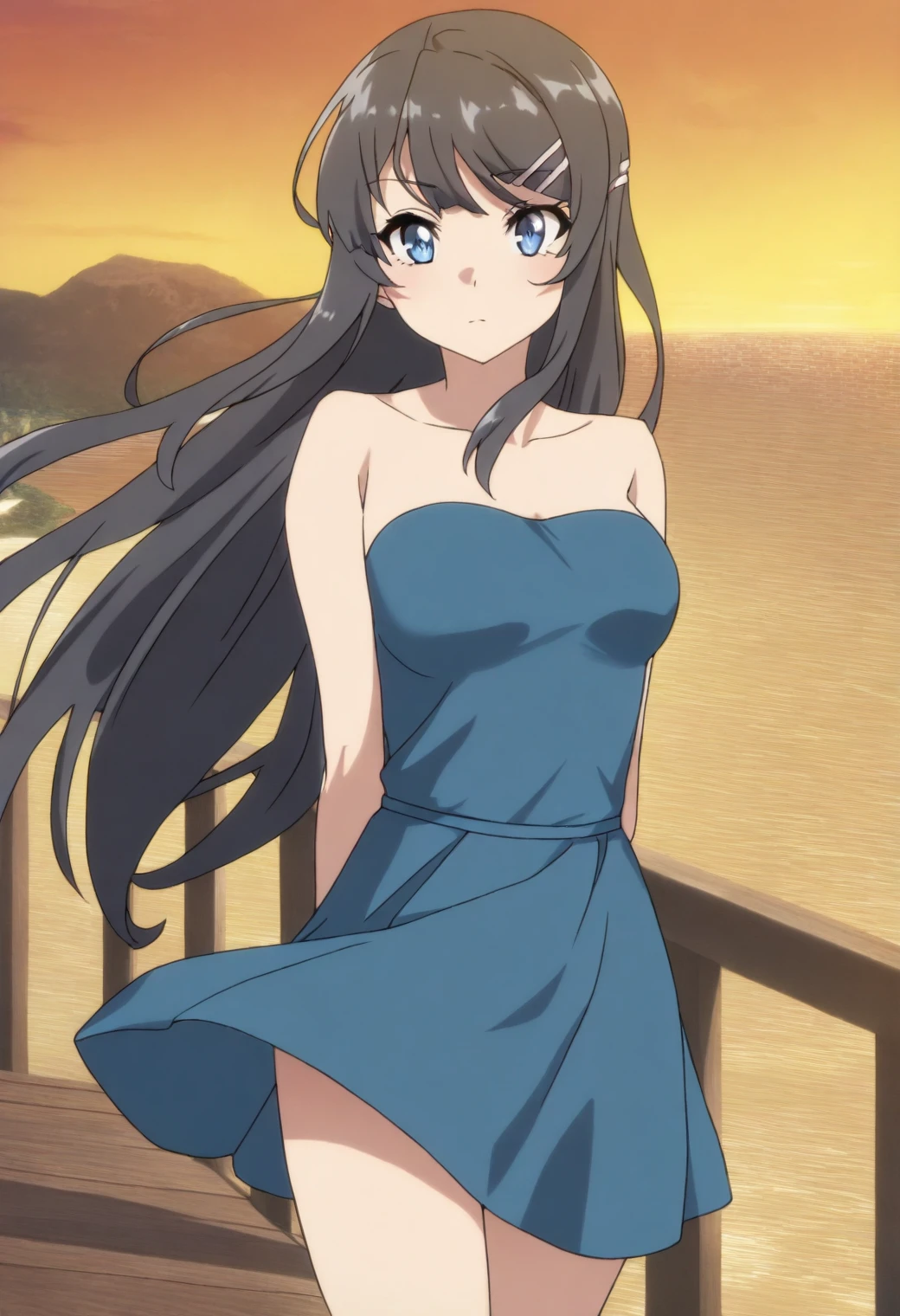 <lora:Mai Sakurajima - [Rascal Does Not Dream of Bunny Girl Senpai] - illustriousXL v1:1>, sysdeep_mai, blue eyes, black hair, long hair, hairclip, anime coloring, 1girl, solo, Seaside cliffs, strapless dress, wind-swept hair, thoughtful pose