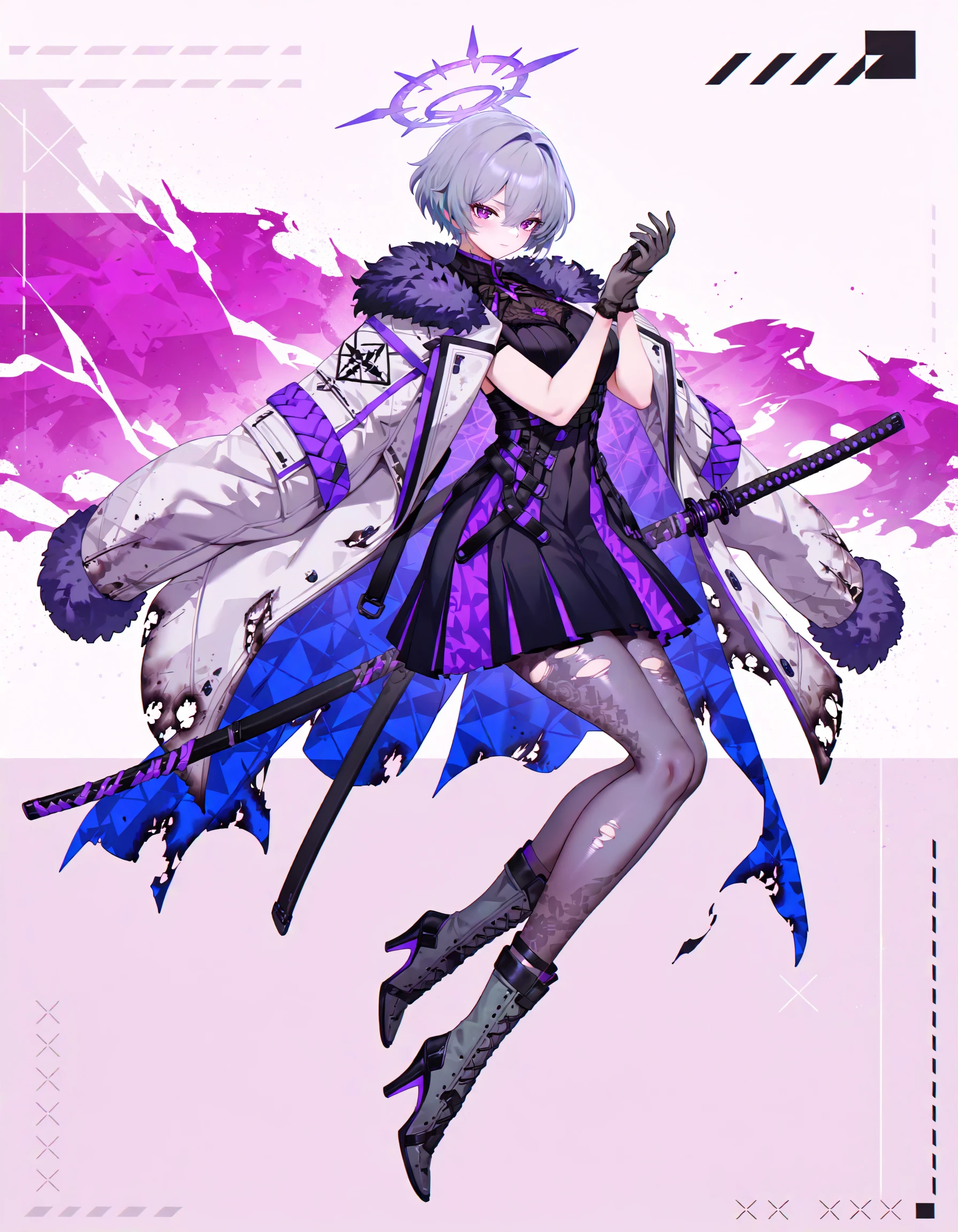  Turf, 1girl, solo, looking at viewer, short hair, gloves, dress, hair between eyes, closed mouth, jacket, purple eyes, full body, grey hair, weapon, pantyhose, boots, black gloves, sword, black dress, halo, coat, high heels, fur trim, torn clothes, katana, sheath, high heel boots, sheathed, adjusting clothes, jacket on shoulders, grey footwear, grey gloves, coat on shoulders, grey pantyhose, adjusting gloves, torn, patterned  white background, <lora:TurfWD14:0.7>