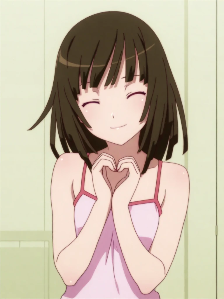 <lora:Nadeko_Illustrious:1>
absurdres, masterpiece,
anime screencap,
1girl, nadeko sengoku, blunt bangs, blunt ends, medium hair, pink camisole, bare shoulders, upper body, head tilt,
own hands together, heart hands, 
light smile, closed eyes,