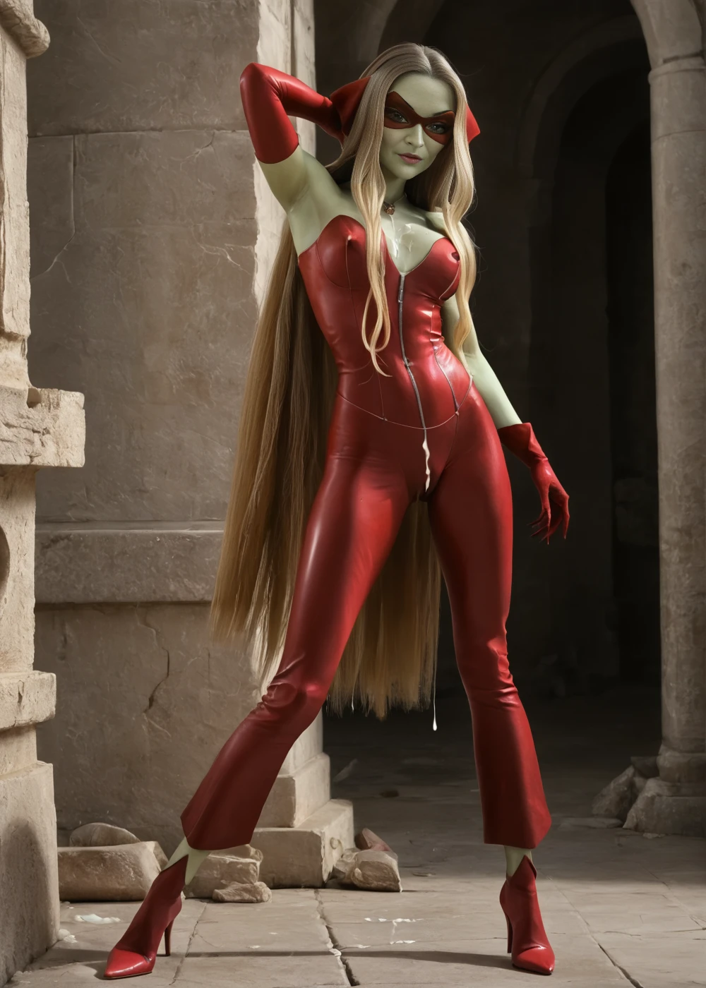 <lora:Trix_Darcy:1> trixdarcy, solo, 1girl, blonde hair, long hair, colored skin, gloves, mask, claws, yellow eyes, green skin, high heels, bodysuit, leather, red clothing, full body, realistic, photorealistic, score_9, score_8_up, score_7_up, (SUBJECT), high contrast, film grain, Rim Lighting, masterpiece, best quality, high quality, realistic anatomy, pointy footwear, 4k, highres, 8k, BREAK, detailed skin, detailed face, centered, hyperdetailed, extremely detailed, Ultra-realistic, ultra quality, 8K UHD, photorealism, hyperrealism, attention to details, zPDXL3, looking at viewer, front view, frontal, standing, standing on ground, outdoors, ruins, ancient, Ancient ruins, weathered stones, historical artifacts, cum, cum on body, cum on legs, cum on hands, cum on clothing, bukkake, wet clothing, shiny clothing, shiny skin, pussy, vagina, pussy cutout, wet pussy, pubic hair, vagina cutout, nipples, wet vagina, erect_nipples, milf, 55 yo, mature female, facial wrinkles, old woman