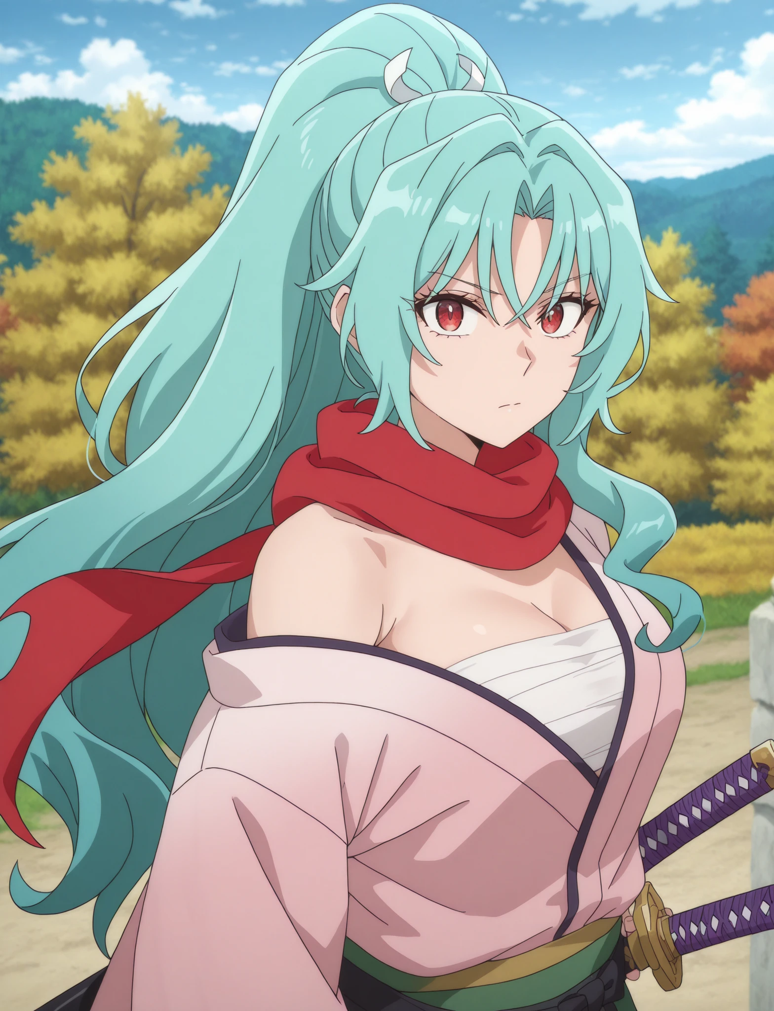 masterpiece, best quality, newest, absurdres, highres, anime screencap, 1girl, solo, <lora:MLF-Tomoe_ILL_epoch_14:1> tomoe-mlf, long hair, aqua hair, red eyes, ponytail, 
japanese clothes, red scarf, kimono, sarashi, single off shoulder, looking at viewer, holding sword, katana,
outdoors,