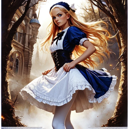 <lora:Ethereal_Gothic_Renaissance:1> ArsMJStyle, Etherial Gothic, movie poster about Alice in wonderland, she is with blue eyes, blue dress, white pantyhose, apron, black bow, blonde, The move title is "Wonderland!"