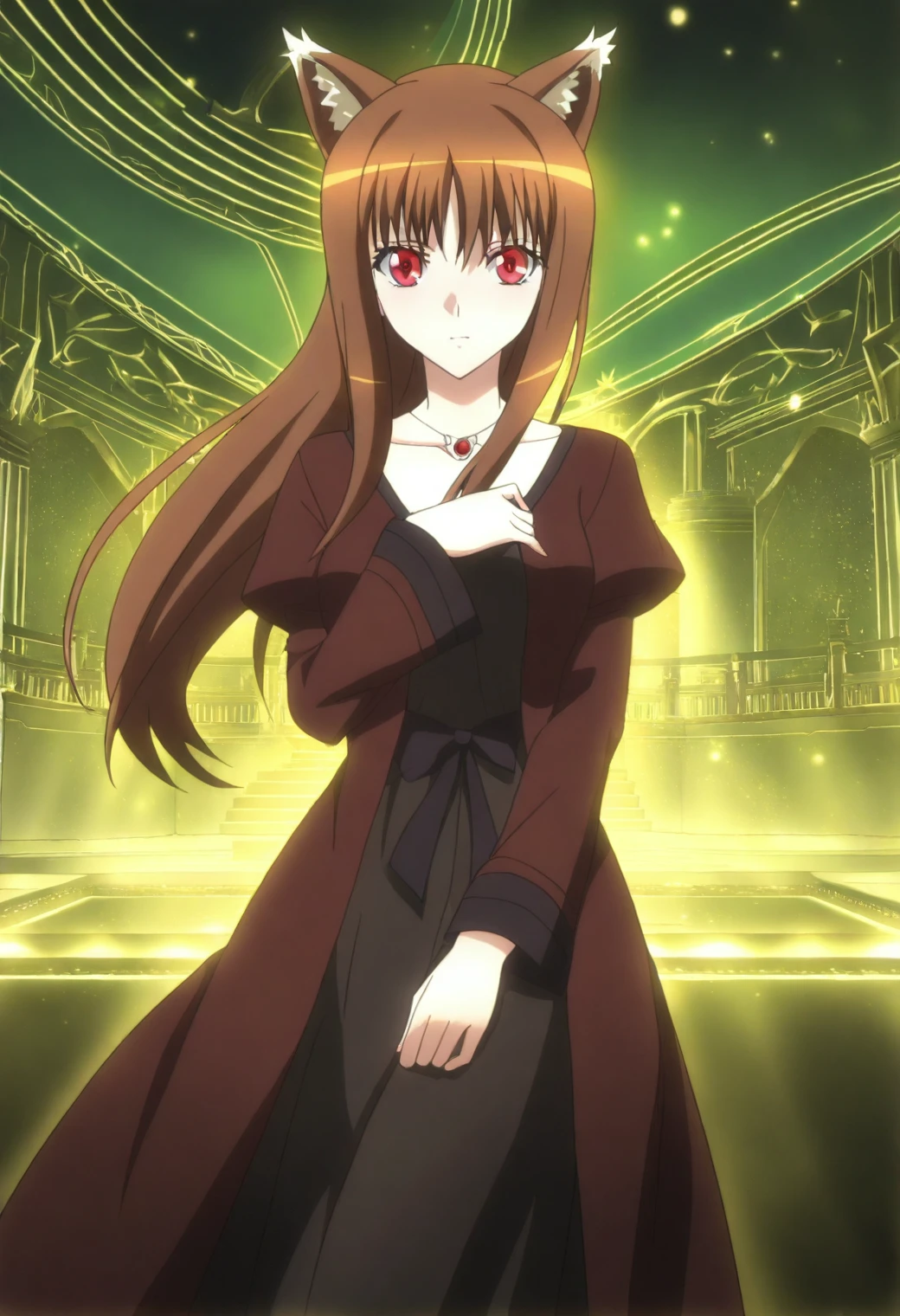 <lora:Holo - [Spice and Wolf] - illustriousXL v1:1>, sysdeep_holo, wolf ears, brown hair, red eyes, long hair, anime coloring, 1girl, solo, elegant outfit, grand library, open spellbook, glowing letters