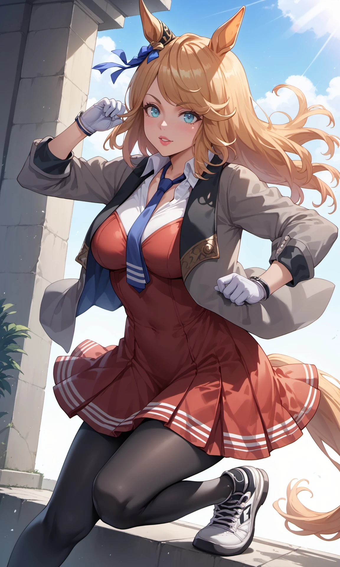 GCoriginal,horse girl,grey open jacket,red dress,blue ear ornament,single white glove,blue necktie,white sneakers,black pantyhose,
score_9,score_8_up,score_7_up,game_cg,anime,source_anime,masterpiece,best quality,highres,absurdres,solo,umamusume,game cg,dynamic pose,
<lora:GoldCityPonyOriginalV1:1>,