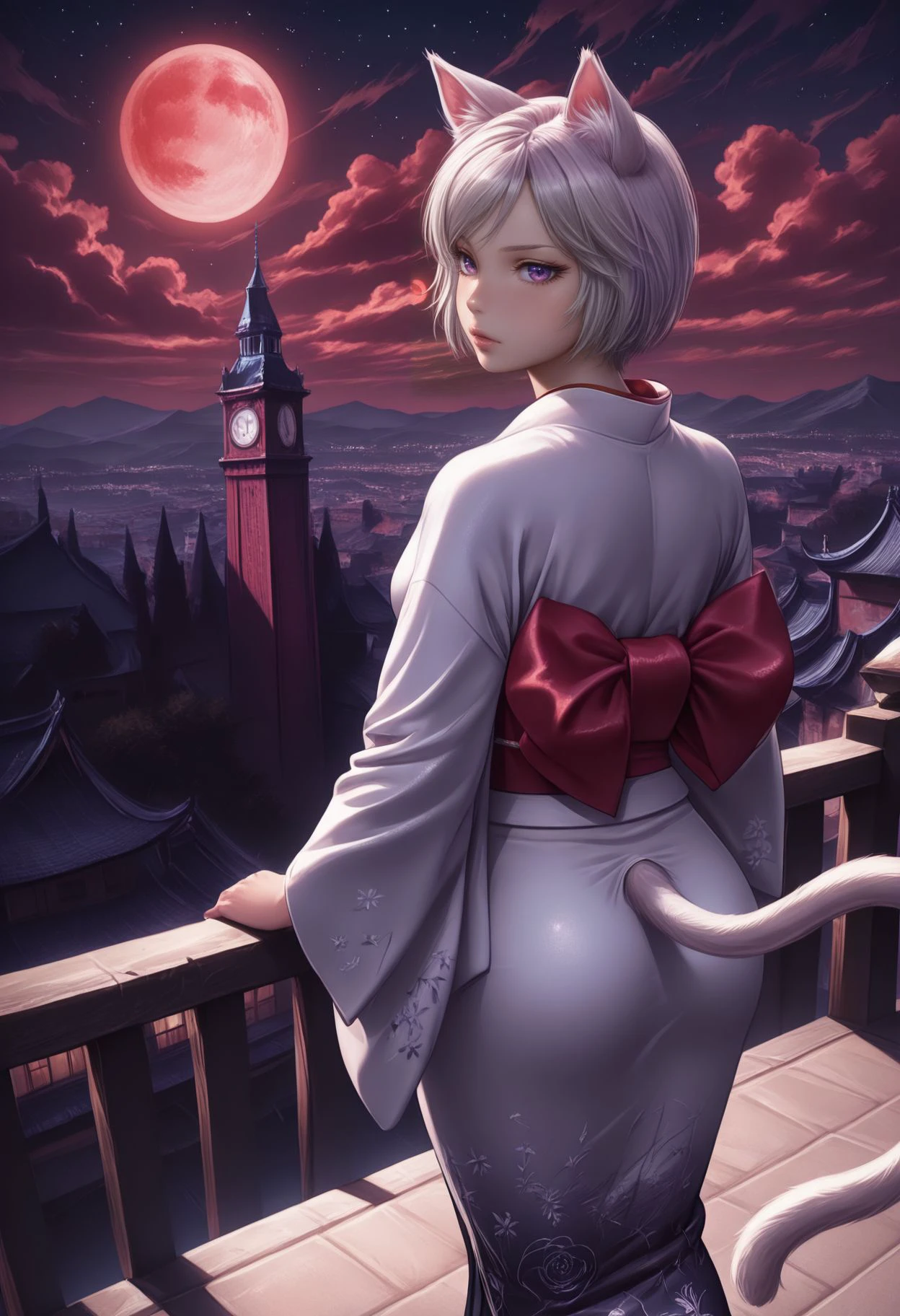 Smooth Quality - Illustrious, <lora:Smooth Mix - Illustrious:1>,
painting, oil painting, silhouette, 1girl, cat girl, cat tail, animal ears, bridge, building, castle, city, cityscape, clock tower, cloudy sky, crescent moon, kimono, east asian architecture, full moon, moon, moonlight, mountain, night, outdoors, red moon, rooftop, short hair,  starry sky, form behind, from above​​​