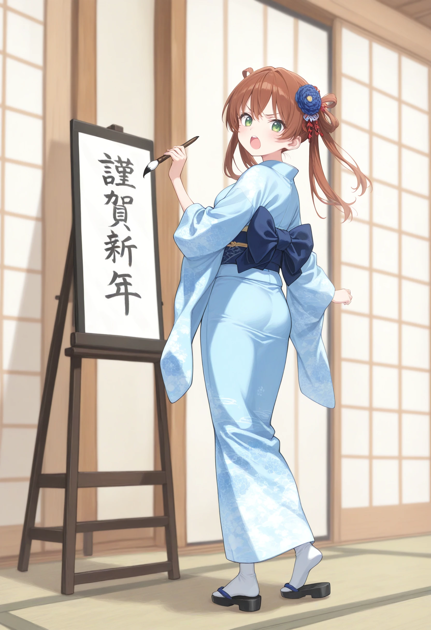 1girl,(sho \(sho lwlw\):0.7),(toosaka asagi:0.5),(sincos:0.3),solo,
masterpiece, best quality, newest, absurdres, CG, anime, source anime, illustration,
japanese clothes, print kimono, hair flower,medium breasts,
kakizome, new year, holding, calligraphy, happy new year, calligraphy brush, holding paper, standing, hand up, arm up, <lora:kakizome_Illust_v1:0.8>
from behind, full body, looking down, brown hair, green eyes,scowl, open mouth, quad tails hair,