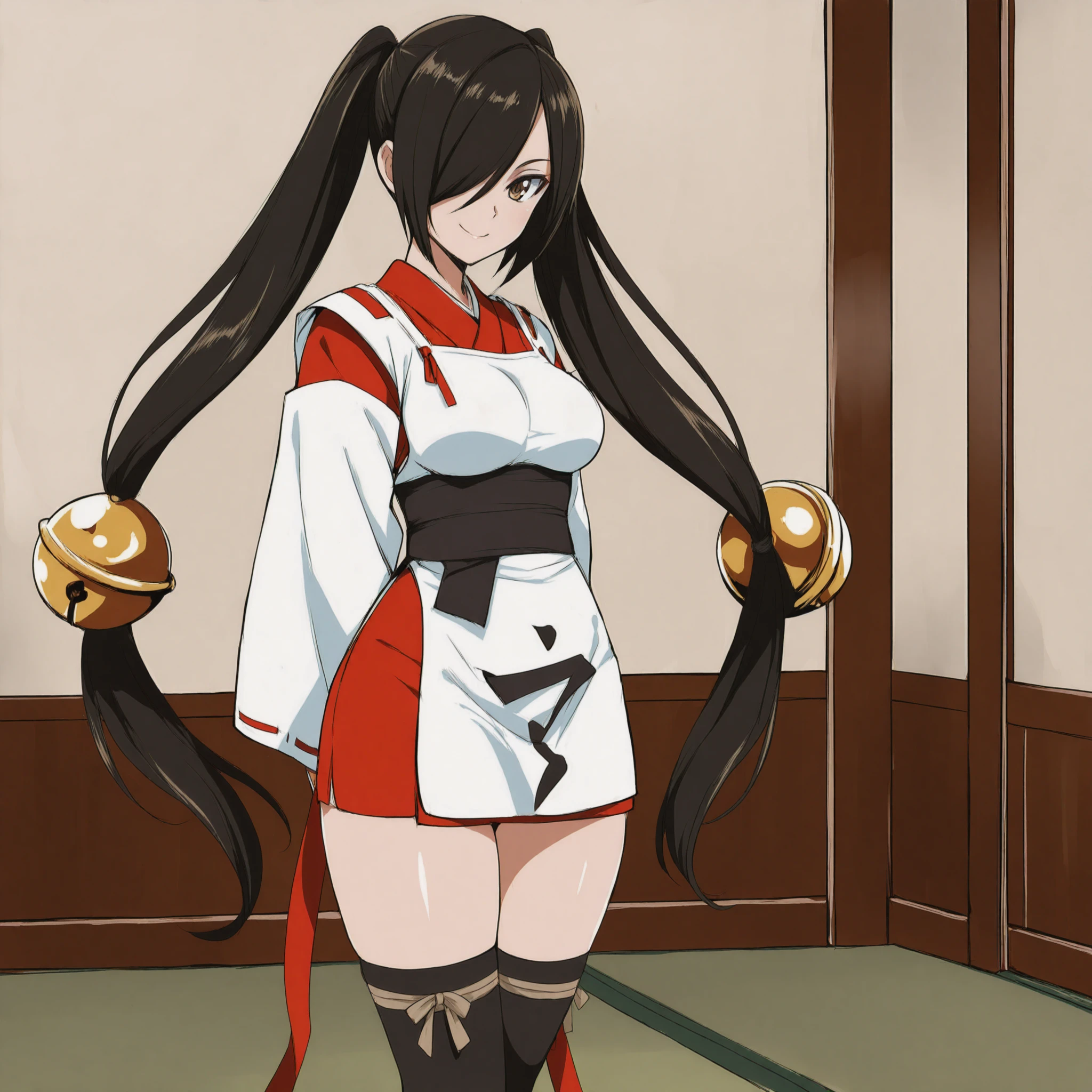 best quality,(2020 anime style,anime face:1.4),(1girl,solo:1.2),Kagura,miko,black hair,very long twintails,hair low-tied ball bell,hair over right eye,long wide ribbon-trimmed white sleeves,japanese clothes,sash,behind waist long ribbon,black toeless thighhighs,apron black text,medium breasts,<lora:Kagura_IL> BREAK
cowboy_shot,smile,brown eyes,(japanese room:1.2),