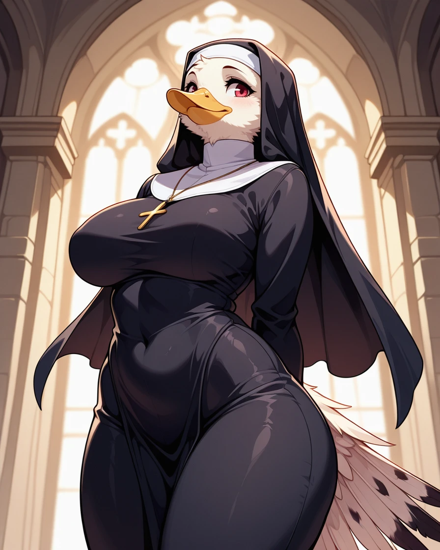 masterpiece, best quality, 1girl, solo, megafeathery, feathers,feathers, bird anthro, furry, avian, beak, duck anthro, solo, female, nun, <lora:Mega_Feathery_for_Illustrious_XL:0.8>