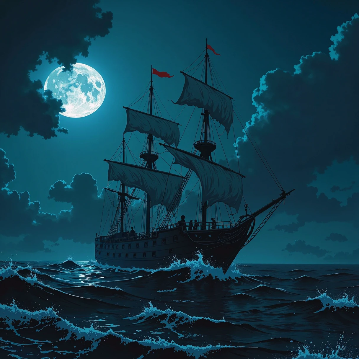 A ghost ship sailing on dark, stormy seas under a full moon.