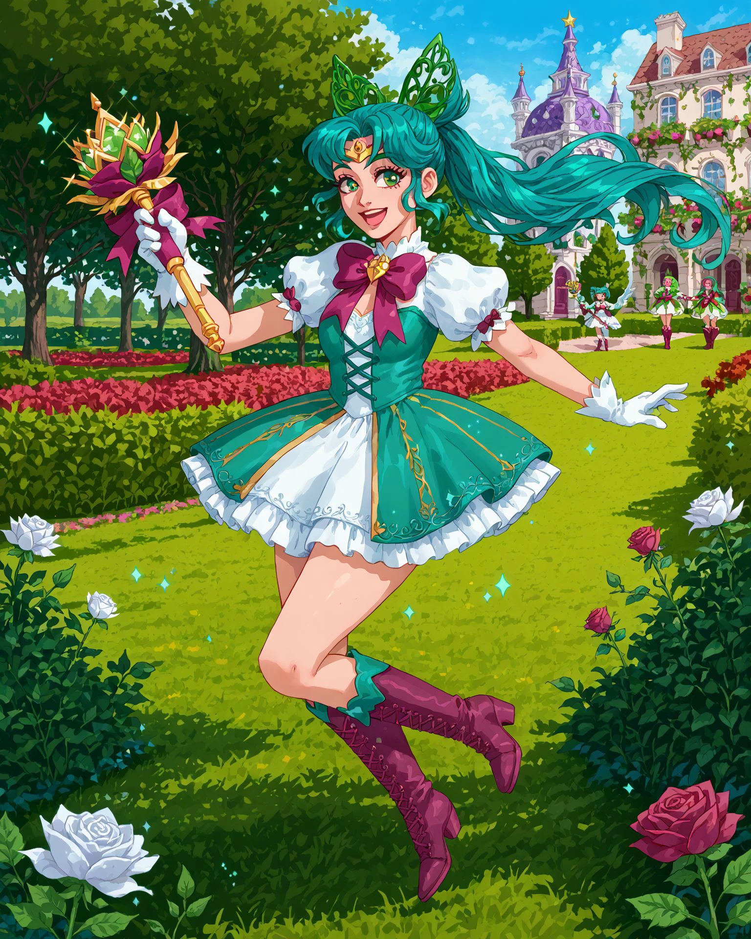 1girl, magal, teal hair, green eyes, standing on one leg, holding magal staff, boots, happy, ribbons, very detailed clothing, magal clothing, glittering roses, jacquard fabric, garden, rose bushes, masterpiece, highest quality, absurdres, digital art, very detailed, score_9, score_8_up, score_7_up,  <lora:MagicalGirl_XL:1.1>,   <lora:rysiartXLP:1> rysiart