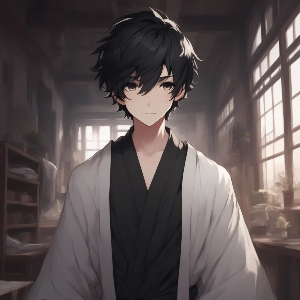 short hair, indoors, long sleeves, Zack Foster, solo, looking at viewer, robe, 1boy, black hair, male focus, closed mouth, zack foster