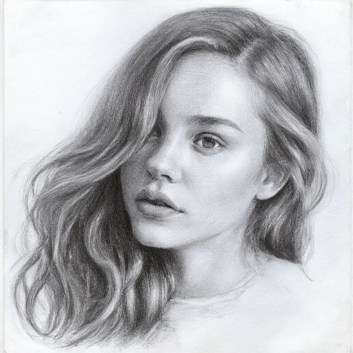 linea, A close-up portrait of a young woman with flowing hair, drawn in a highly detailed pencil sketch style. Her eyes are expressive, gazing thoughtfully to the side. The shading captures soft light falling across her face, with intricate cross-hatching for texture. Strands of hair are individually detailed, with natural flow and slight imperfections to mimic hand-drawn art. Grayscale shading emphasizes depth and highlights the natural beauty of pencil work