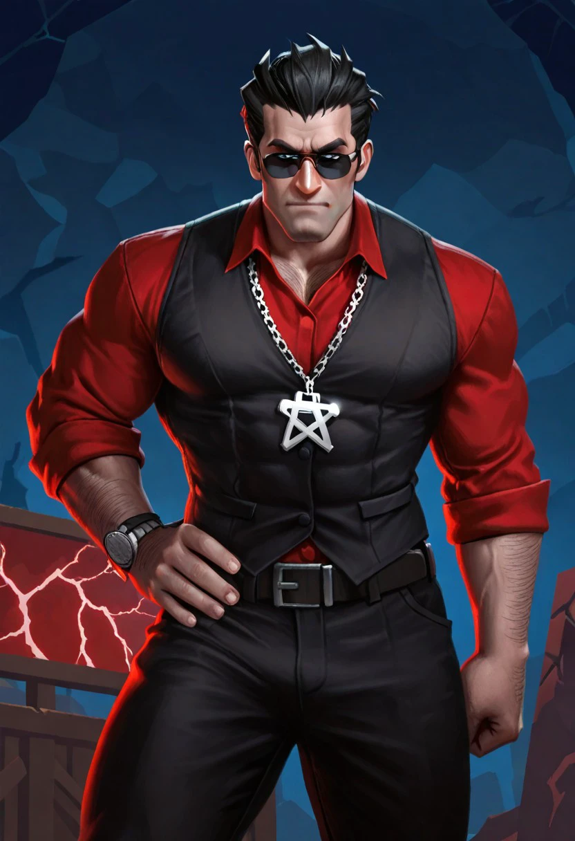 GwentstyleIL-V1.0, masterpiece, best quality, newest, absurdres, highres, GwentstyleIL-V1.0 1boy, helltaker \(helltaker\), sunglasses, glasses, black hair, short hair, muscular, muscular male