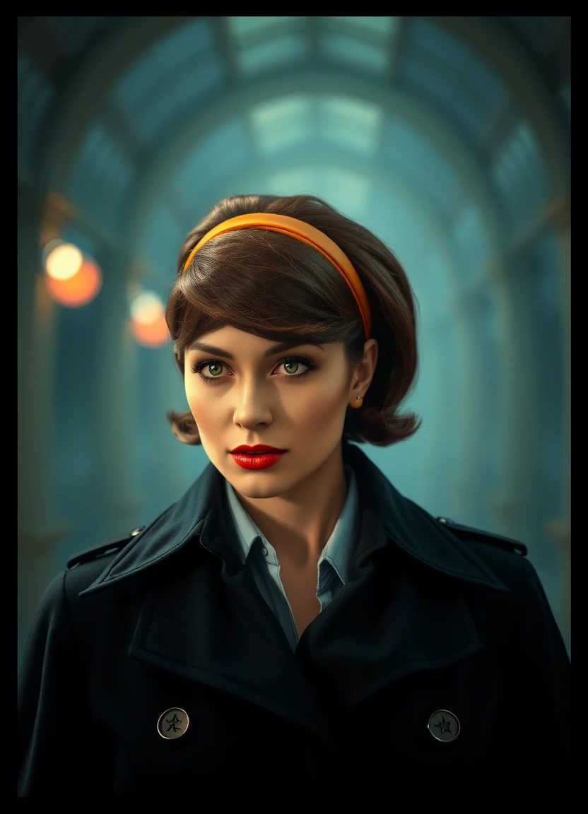 nolfcatearcher, woman with short brown hair, orange hairband, black trenchcoat,, retro style, female secret agent, suspense, cinematic