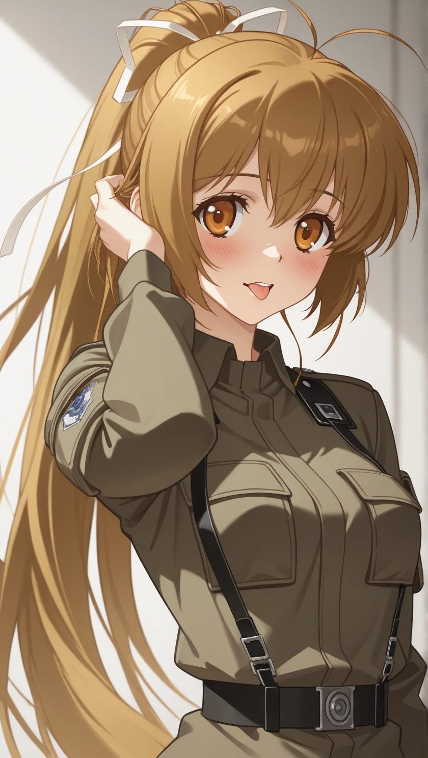 perfect quality, best quality, absolutely eye-catching, masterpiece, absurd res, ambient occlusion, raytracing, 1girl, solo, Katia, perky breasts, BDU, blush, teeth, tongue out, hand in hair