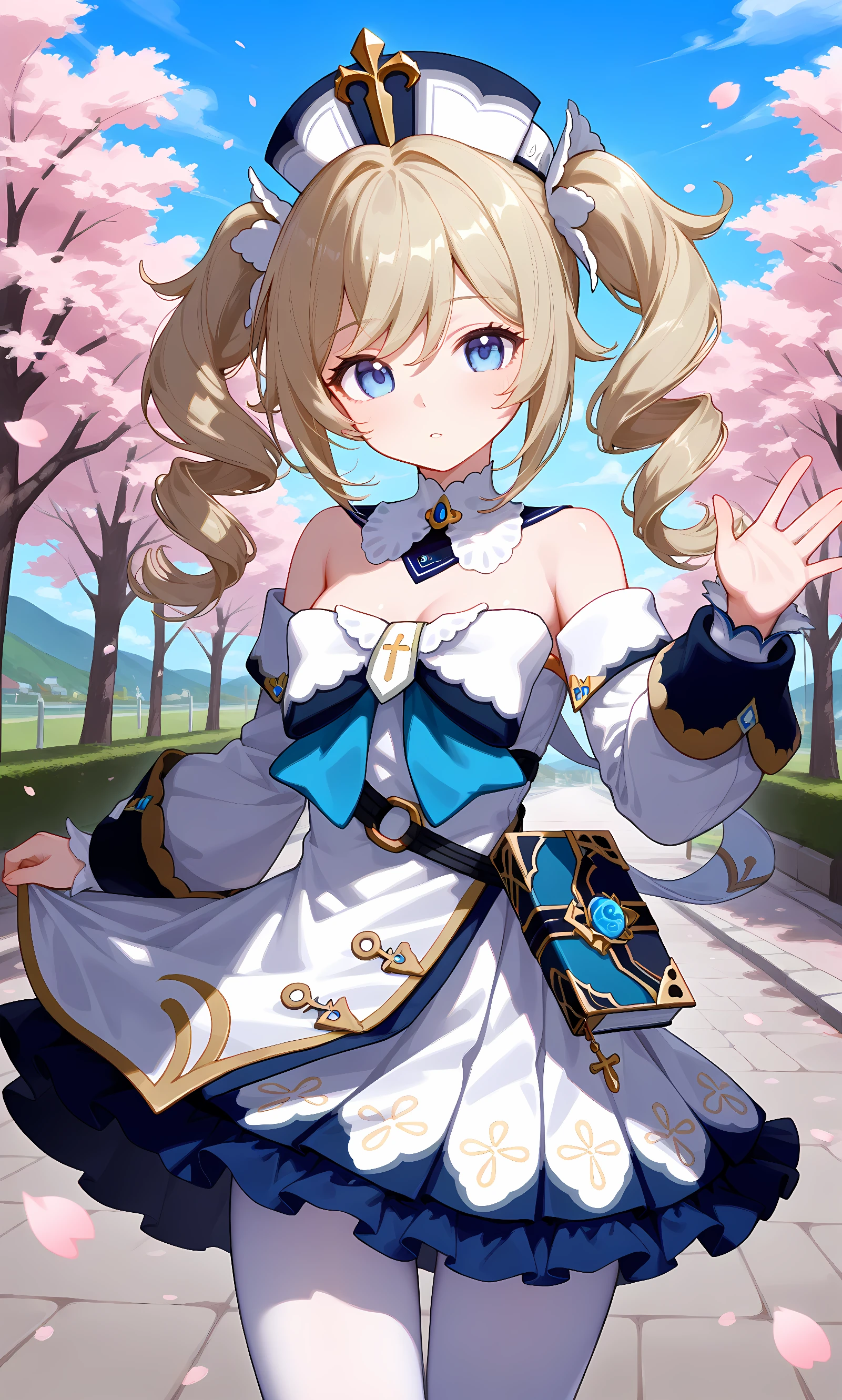 score_9, score_8_up, score_7_up, source_anime, 1girl, solo, outdoors, street, cherry blossoms, cowboy shot, looking at viewer, shiny skin, close-up, looking at viewer, barbara (genshin impact), twintails, blonde_hair, blue_eyes, long_hair, drill_hair, twin_drills, hat, bow, white_headwear, hair_ornament, bare_shoulders, detached_collar, detached_sleeves, long_sleeves, white_dress, white_pantyhose, frilled_dress, latin_cross, strapless_dress, book