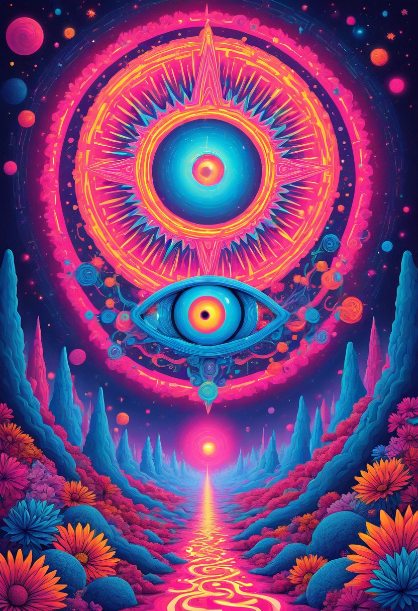 PsychadelicPopSurrealism,  A swirling neon dreamscape featuring a giant glowing eye at the center, surrounded by pulsating geometric shapes and vibrant flowers with anthropomorphic faces, reminiscent of 1960s concert posters.