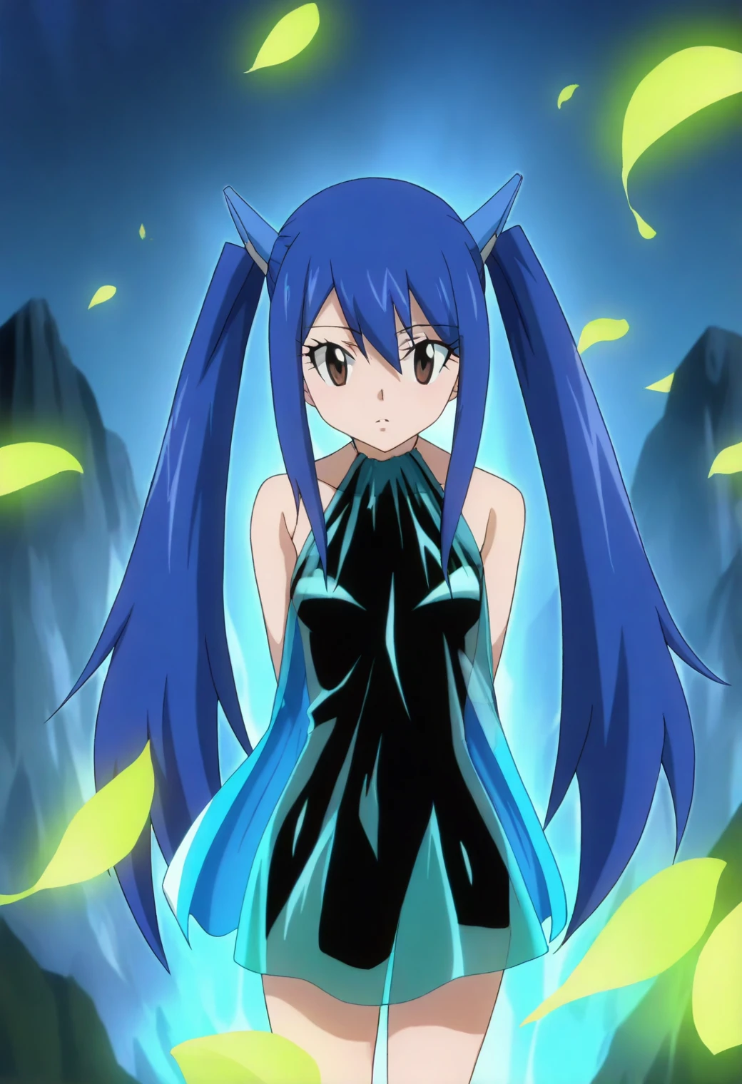 <lora:Wendy Marvell - [Fairy Tail] - illustriousXL v1:1>, sysdeep_wendy, long hair, blue hair, twintails, brown eyes, 1girl, solo, anime coloring, translucent silk dress, surrounded by glowing leaves, standing on a misty mountain top,