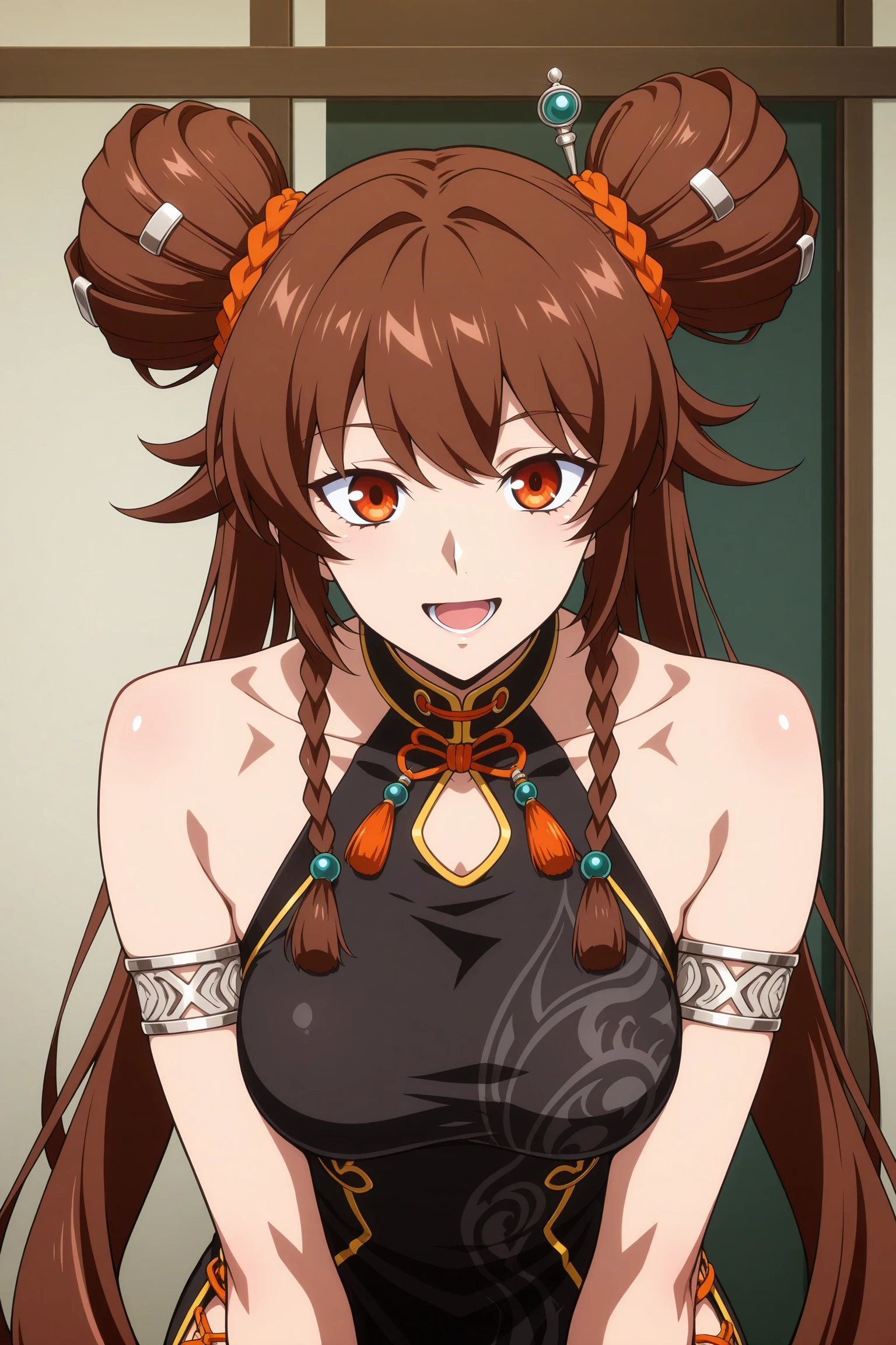 masterpiece, best quality, amazing quality, highres, absurdres, very aesthetic, high resolution, ultra detailed, perfect details, 1girl, solo, indoors, medium breasts, nen master, very long hair, brown hair, double bun, twintails, hair ornament, orange hair tie, sidelocks, twin braids, orange eyes, jewelry, chinese clothes, sleeveless, black dress, armlet, bracelet, white gloves, side slit, black thighhighs, black footwear, flats, <lora:Nen_Master_ILXL:0.8>, (aged up:1.8), (upper body:1.3), looking at viewer, smile, (anime coloring:1.5), (anime screencap:1.5), open mouth, pose