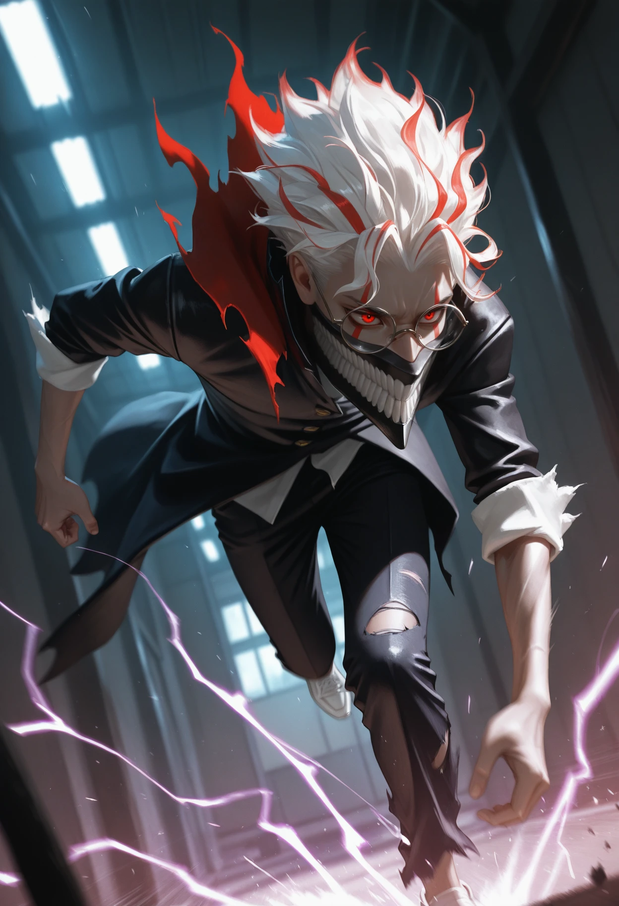 masterpiece, best quality, realistic,
 <lora:Okarun Dandadan [IL]:0.85> okarun, 1boy, solo, male focus, red eyes, glasses, white hair, mask, teeth, long sleeves, multicolored hair, red hair, round eyewear, || rolled up sleeves, school uniform, torn clothes, black jacket, long jacket, pants, torn pants, 
running, motion blur, speed lines, dynamic pose, dynamic angle, high contrast, cinematic lighting, dim environment, aura, electricity,