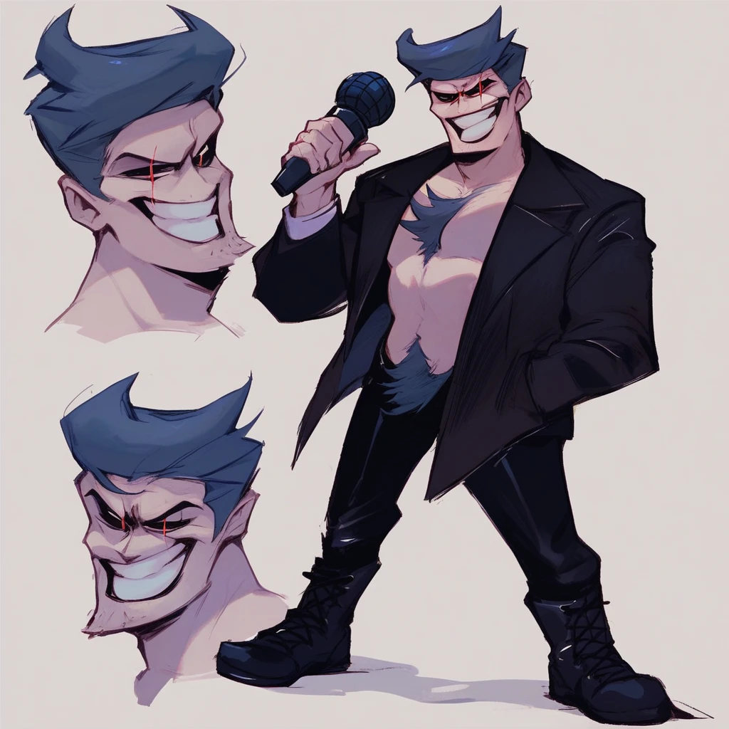 score_9,score_8_up,score_7_up, best quality, 1boy, solo, d@ddy_dearest, grin, open jacket, pubic hair, black trousers, black boots, hold microphone, black eyes with red pupils, standing,