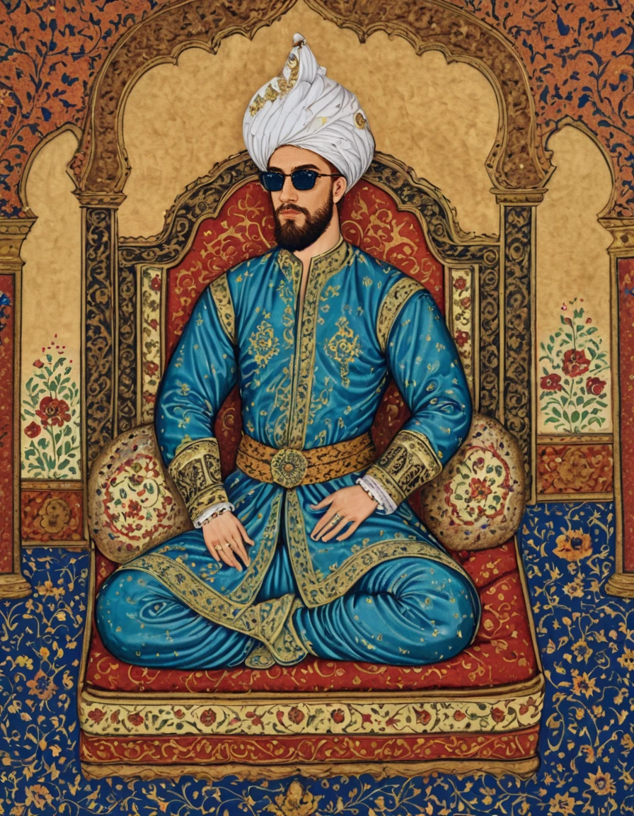 A stylized Ottoman miniature artwork featuring a young prince (Åehzade) seated on a luxurious cushion in a grand royal setting with sunglasses
<lora:detailed_notrigger:1> <lora:aidmaImageUpraderv0.3:1><lora:ottomanminiature-000010:1.3>  <lora:HandFineTuning_XL:1>