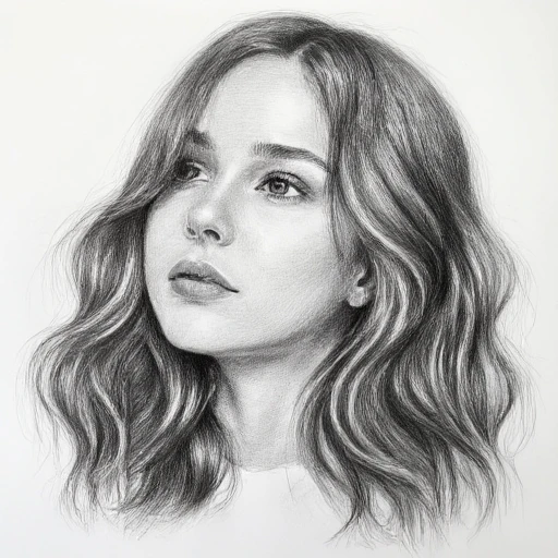 linea, A close-up portrait of a young woman with flowing hair, drawn in a highly detailed pencil sketch style. Her eyes are expressive, gazing thoughtfully to the side. The shading captures soft light falling across her face, with intricate cross-hatching for texture. Strands of hair are individually detailed, with natural flow and slight imperfections to mimic hand-drawn art. Grayscale shading emphasizes depth and highlights the natural beauty of pencil work