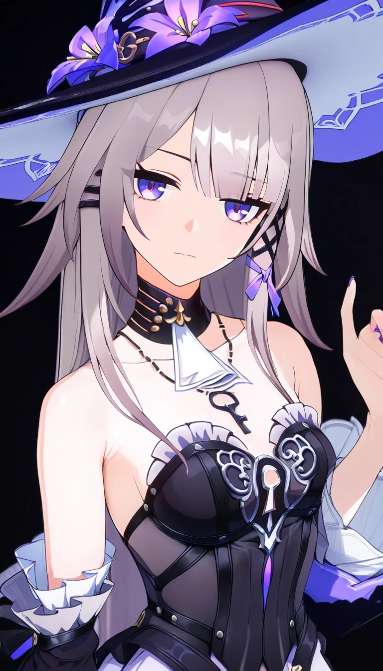 (best quality,8K, masterpiece,simple background,none background :1.3),anime,The Herta, 1girl, young,solo,hat,purple eyes,closed mouth,long hair, detached sleeves, earrings,(clevage:1.2),medium breasts,standing, (key necklace:0.8), keyhole on chest,nail polish,upper body,