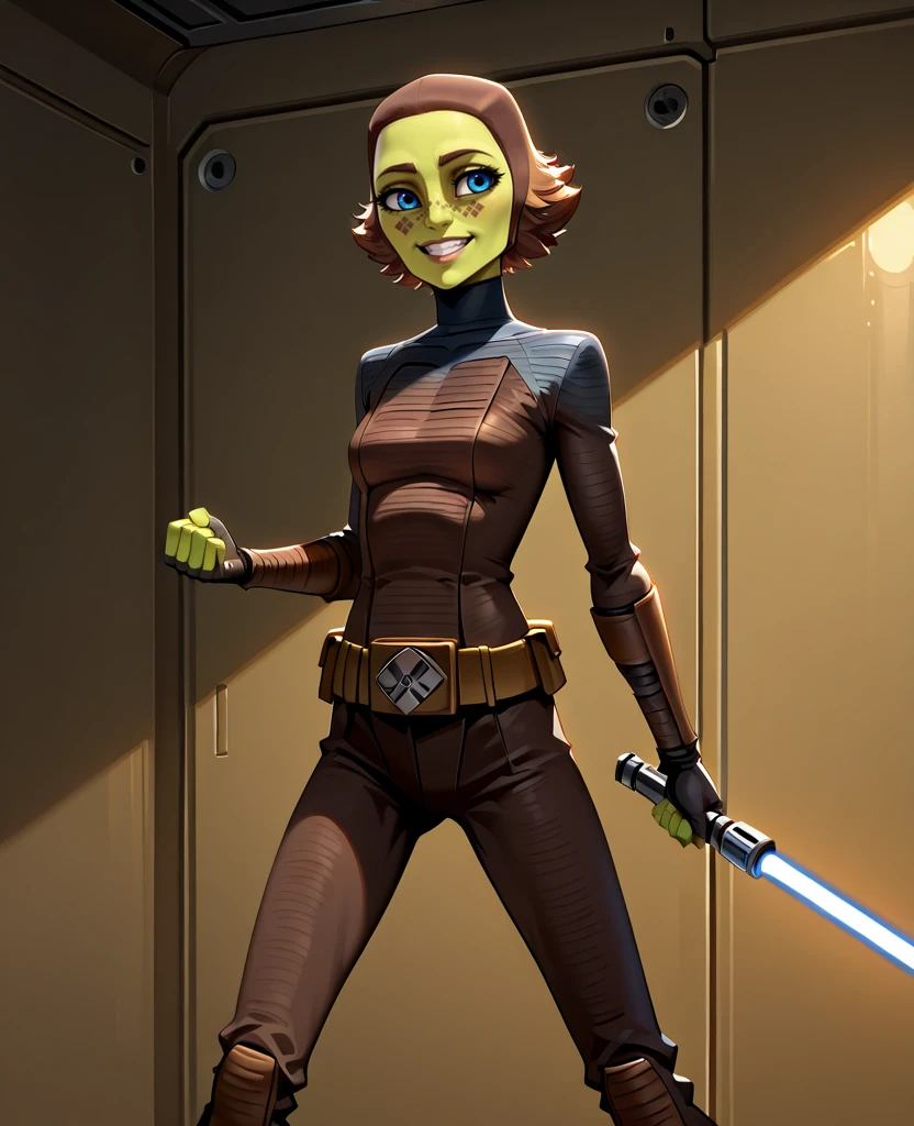 masterpiece, 1440p, 8k, UHD, amazing quality, high resolution, <lora:Barriss_Offee_Illustrious:1> barris-offee, star wars, clone wars, 1girl, solo, green skin, Mirialan, facial tattoo, colored skin, blue eyes, brown hair, short hair, brig interior, blue lightsaber, slim hips, thin legs, skirting, bodysuit, lightsaber, single-handed, weapon, offensive sword stance, confident, grin