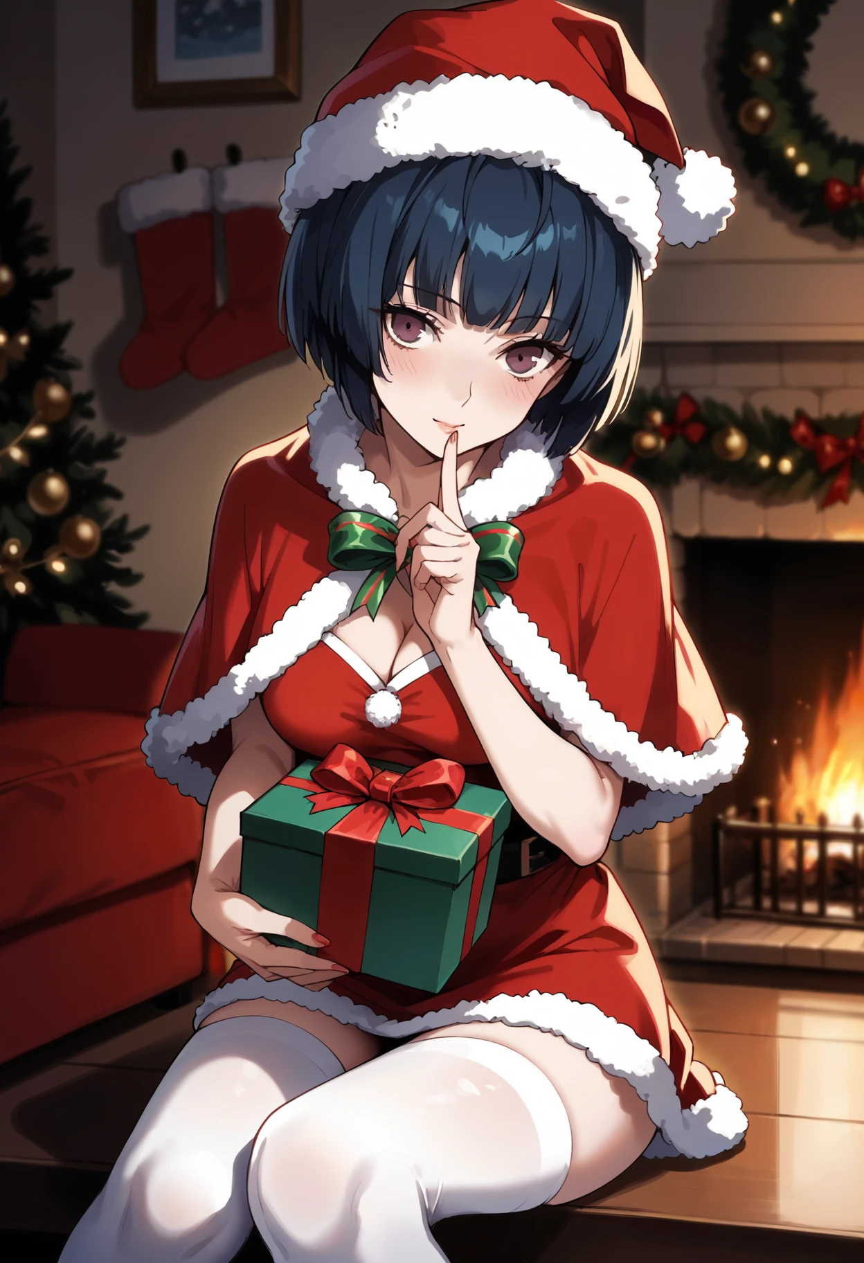 score_9, score_8_up, score_7_up, (source_anime), 1 girl, solo, cute face,
p5tae, tae takemi, short hair,
tight dress, santa dress, santa hat, capelet, cleavage, holding present, arms extended, white thighhighs, zettai ryouiki,
indoors, evening, fireplace,, blushing, 
masterpiece, best quality, ultra detailed, absurdres, very aesthetic