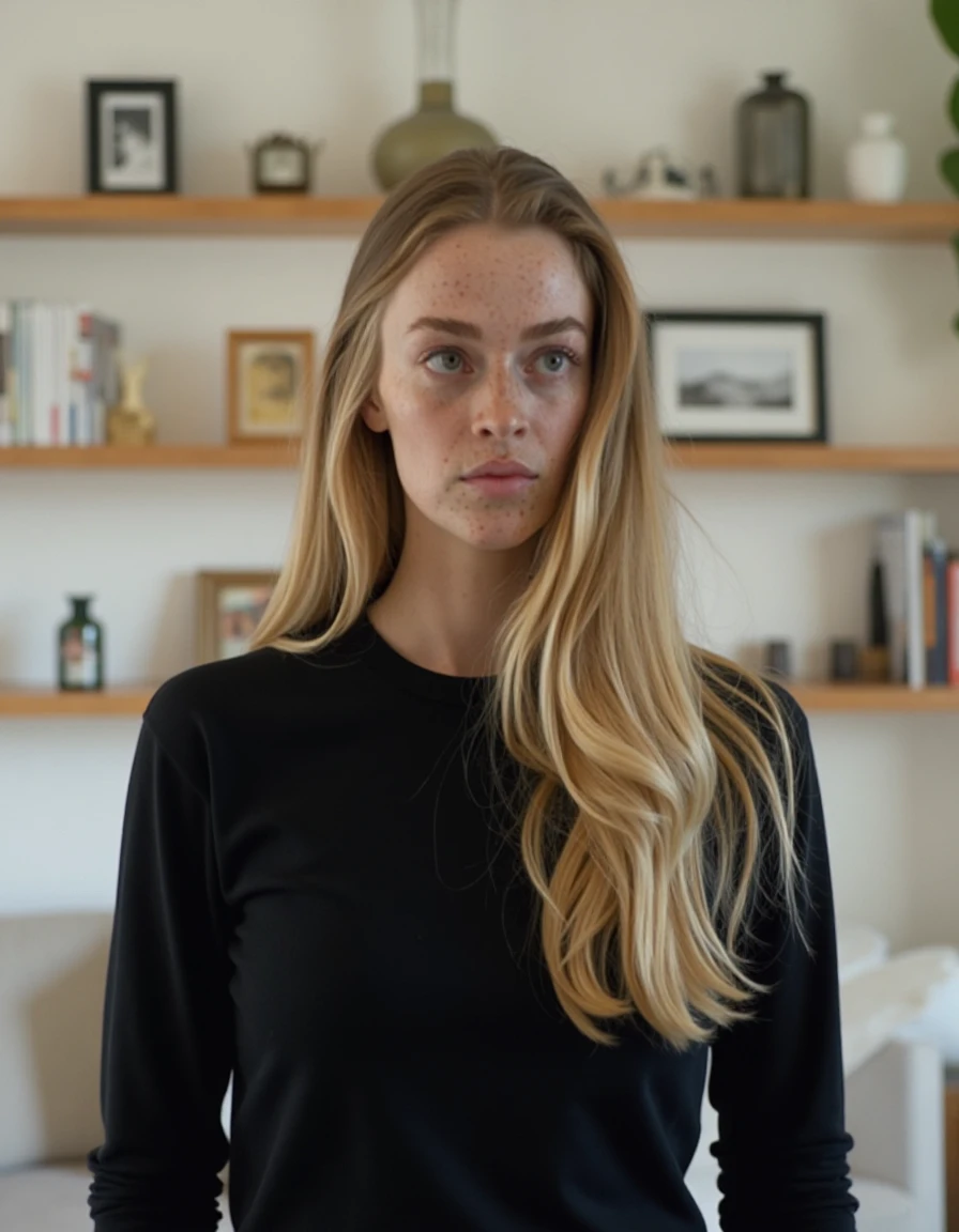 The image is a still from a movie it shows a young woman with long hair, wearing a black long-sleeved shirt. She is standing in front of a white wall with multiple wooden shelves on it. On the shelves, there are various objects such as a vase, a book, and a picture frame. The woman's eyes are open and she appears to be deep in thought.  <lora:swantji_paulina_dev_f1:1> <lora:FLUX.1-Turbo-Alpha:1>