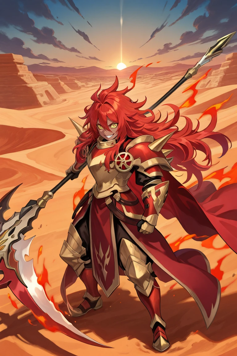 <lora:GulcasaIL:0.8> , guldef, (Guldem), dark skin, dark-skinned male, (1boy), red hair, long hair, hair between eyes, yellow sclera, yellow eyes, armor, full armor, spikes, shoulder armor, shoulder spikes, cape, red cape, pauldrons, gauntlets, greaves, psychotic, smile, (attacking viewer), holding scythe, fiery aura, exterior, desert, holy city, desert city, (solo), masterpiece, very aesthetic, absurdres, best quality, amazing quality, high resolution, detailed background,  <lora:illustrious_quality_modifiers_masterpieces_v1:0.8> , <lora:ChamIllustriousBackgroundEnhancer:0.5>