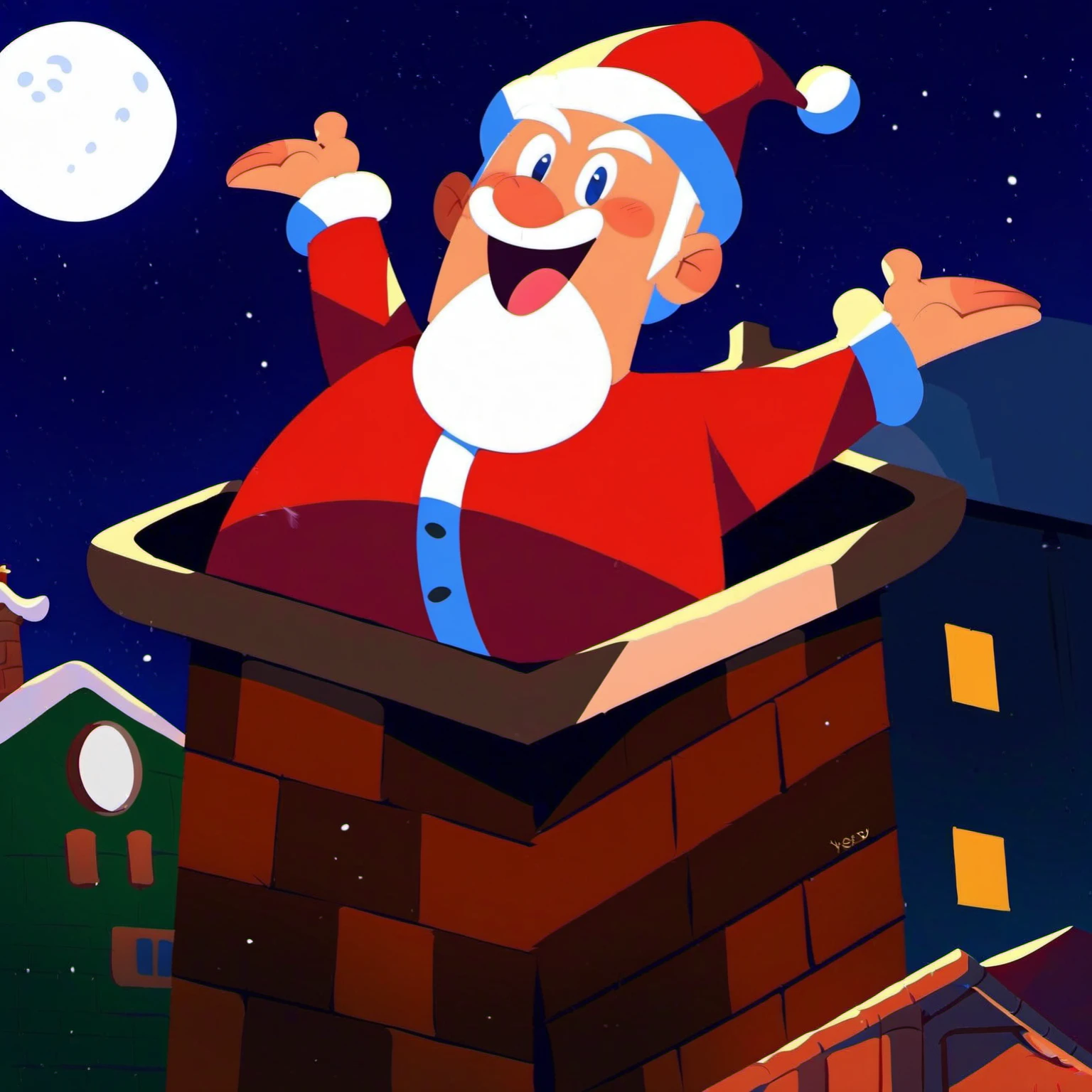santa man, santa suit, fat, arms up, happy, mouth open, chimney, santa in chimney, night, moon, santa hat, white beard, white eyebrows, white moustache, houses, snow, blush, blue eyes, cartoon, bricks, ears <lora:santa_in_chimney_01_resized:1>